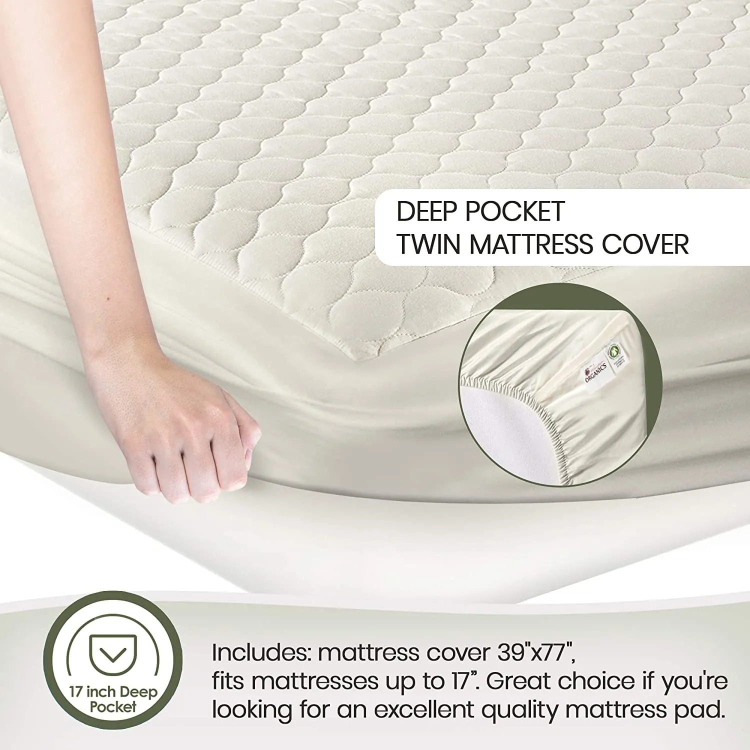 100% Organic Cotton Mattress Protector - Breathable Quilted Fitted Mattress Pad Cover, 17" Deep Pocket