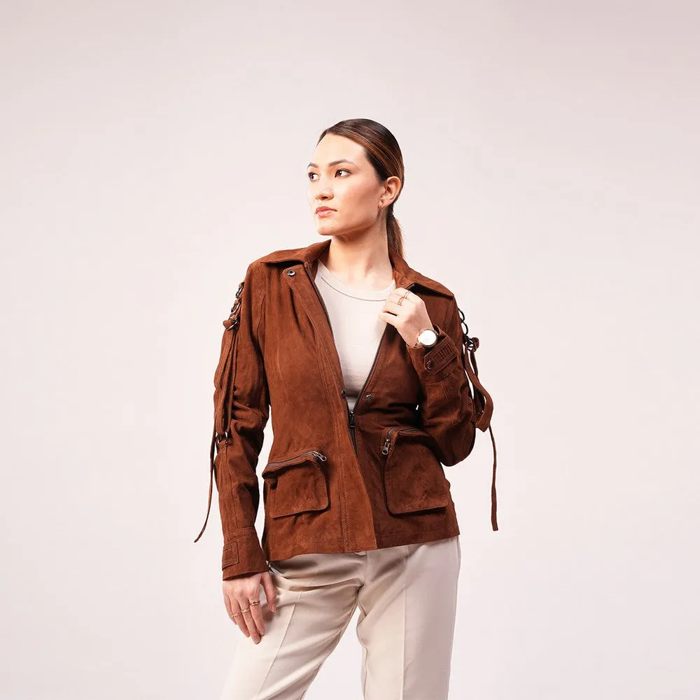 90 Feet Asha Loop Brown Suede Blazer Jacket for Women