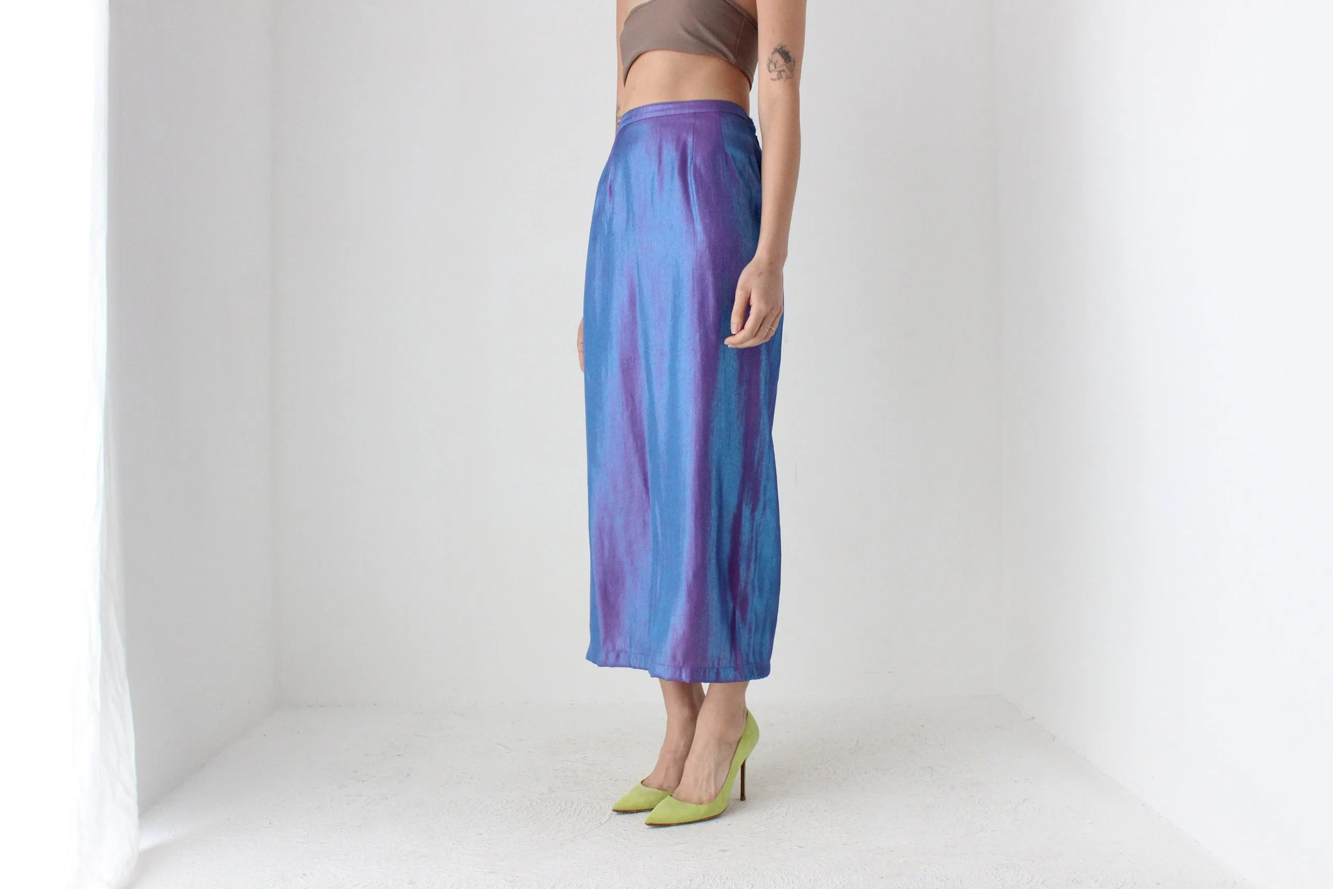 90s Holographic Duo Tone Metallic High Waist Column Midi Skirt