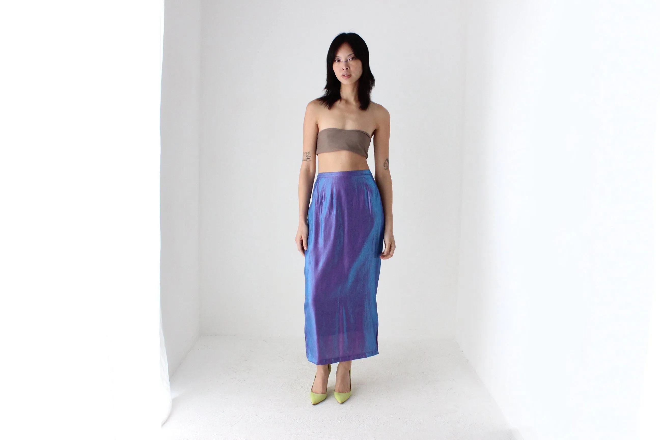 90s Holographic Duo Tone Metallic High Waist Column Midi Skirt