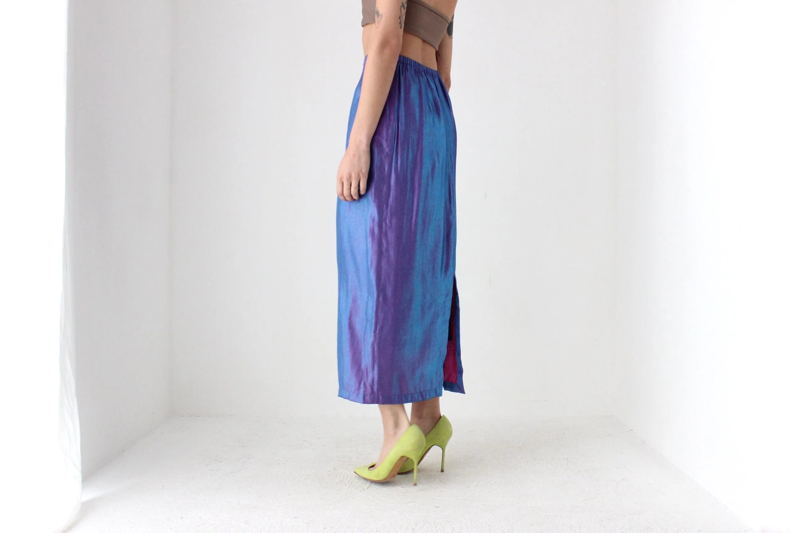 90s Holographic Duo Tone Metallic High Waist Column Midi Skirt