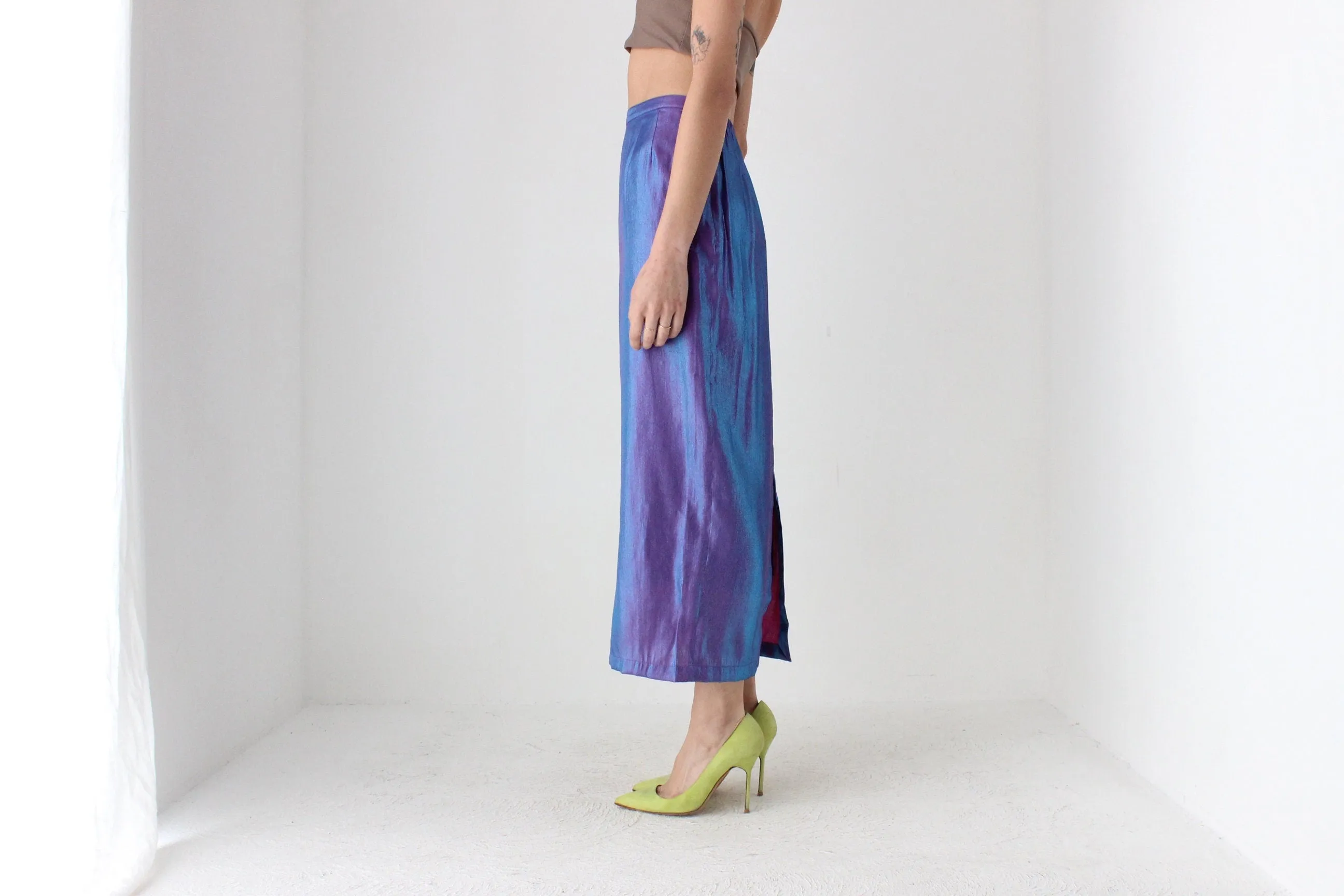 90s Holographic Duo Tone Metallic High Waist Column Midi Skirt