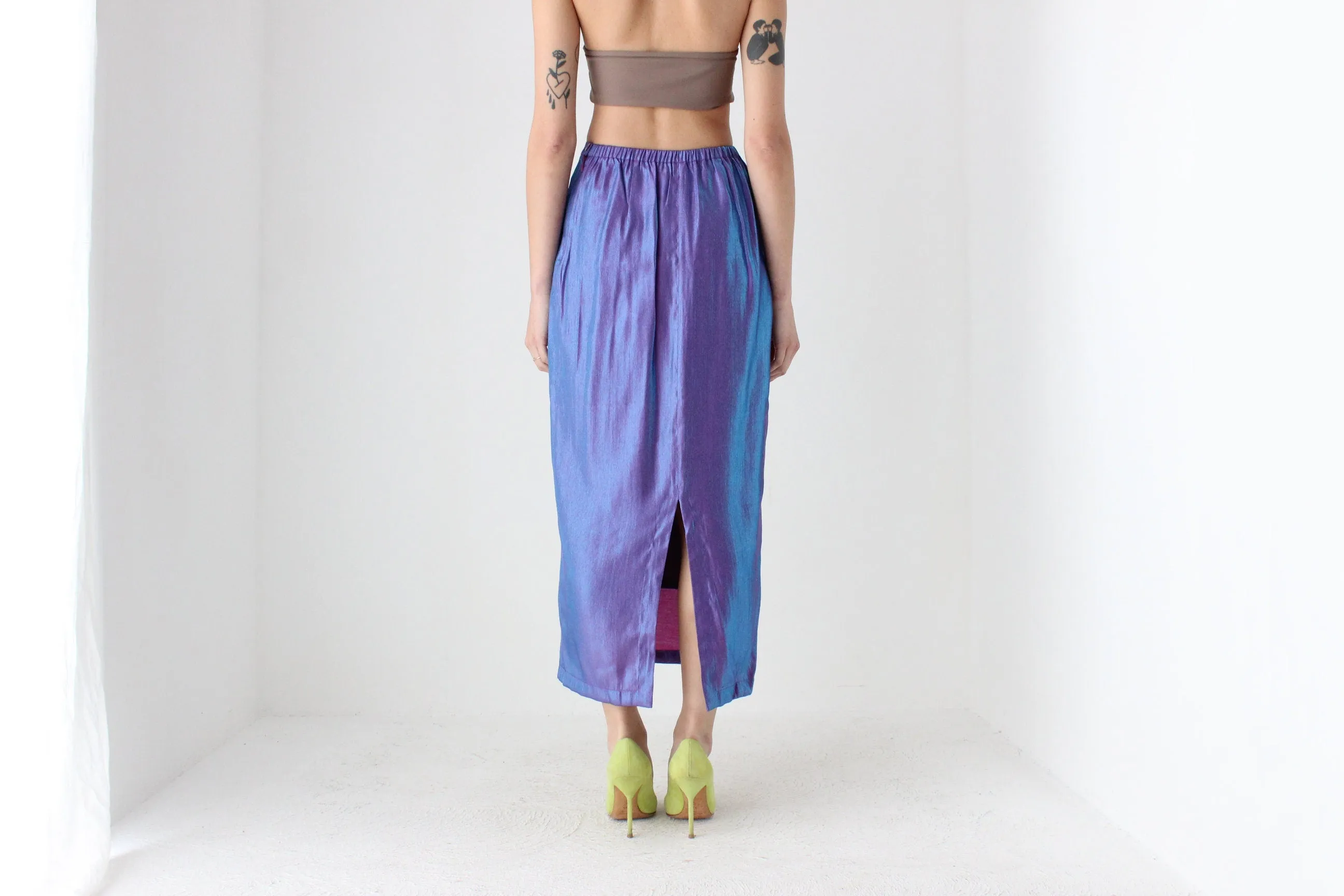 90s Holographic Duo Tone Metallic High Waist Column Midi Skirt