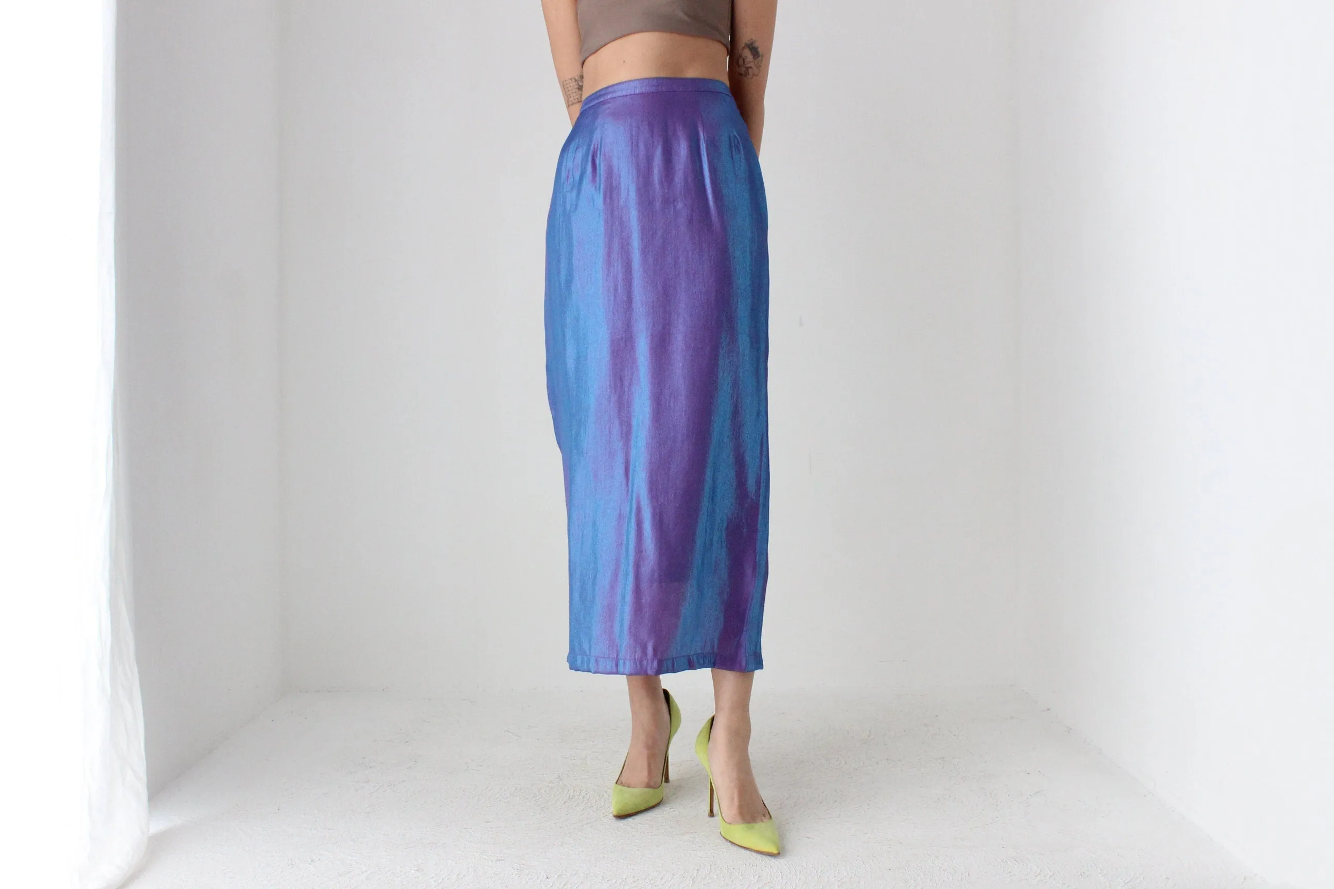 90s Holographic Duo Tone Metallic High Waist Column Midi Skirt