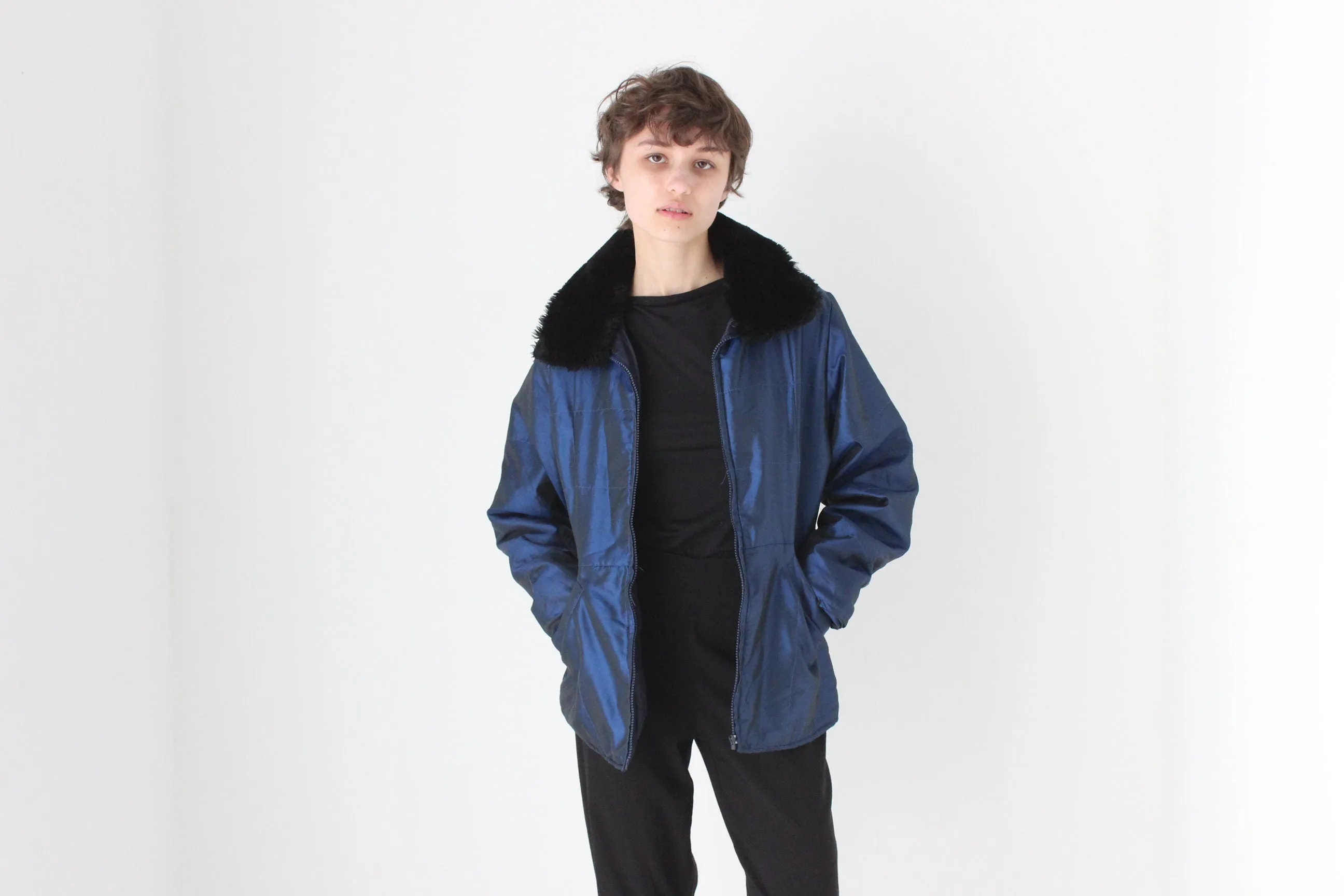 90s Metallic Blue Quilted Nylon Fur Collar Puffer