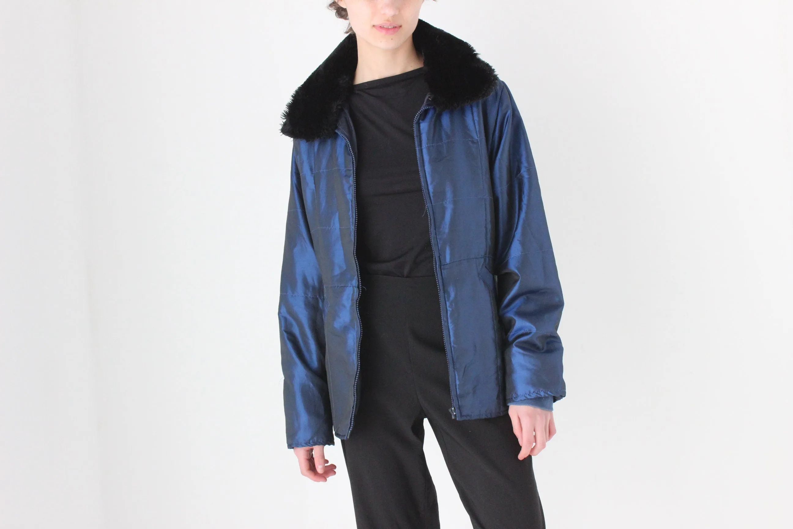 90s Metallic Blue Quilted Nylon Fur Collar Puffer