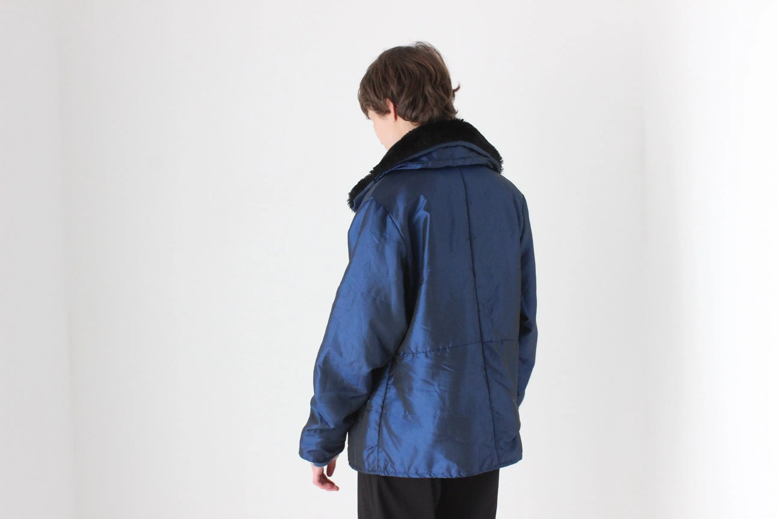 90s Metallic Blue Quilted Nylon Fur Collar Puffer