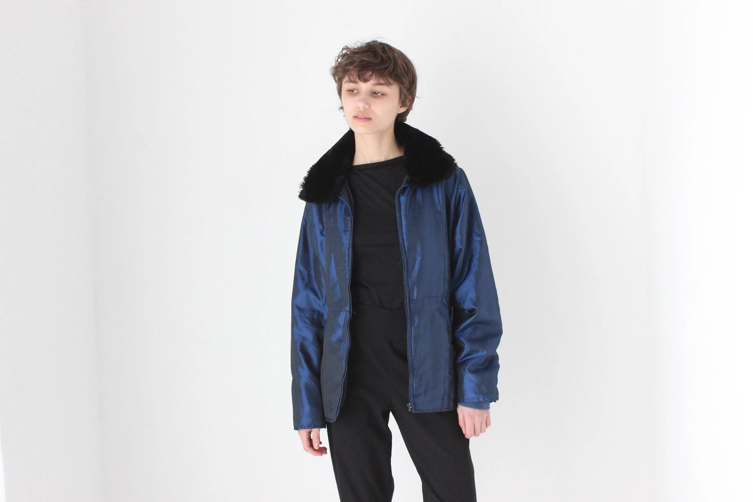 90s Metallic Blue Quilted Nylon Fur Collar Puffer