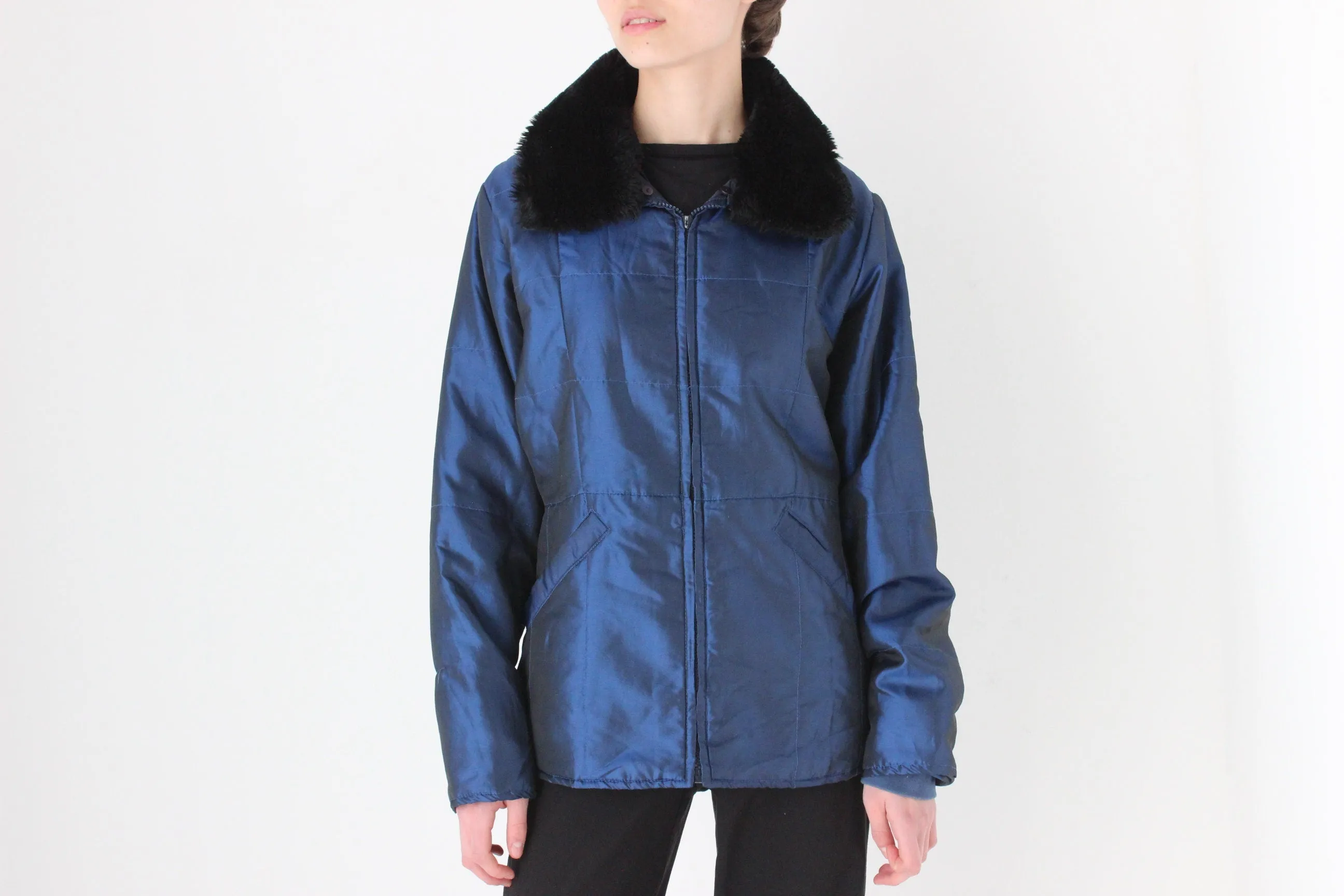 90s Metallic Blue Quilted Nylon Fur Collar Puffer