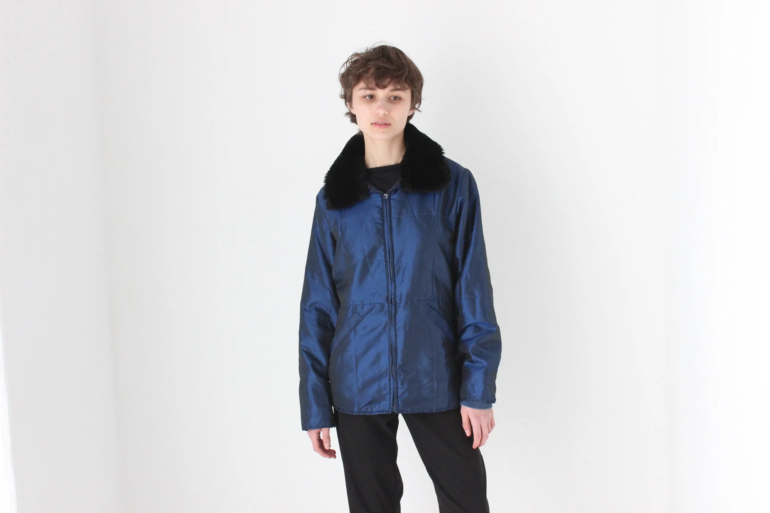 90s Metallic Blue Quilted Nylon Fur Collar Puffer