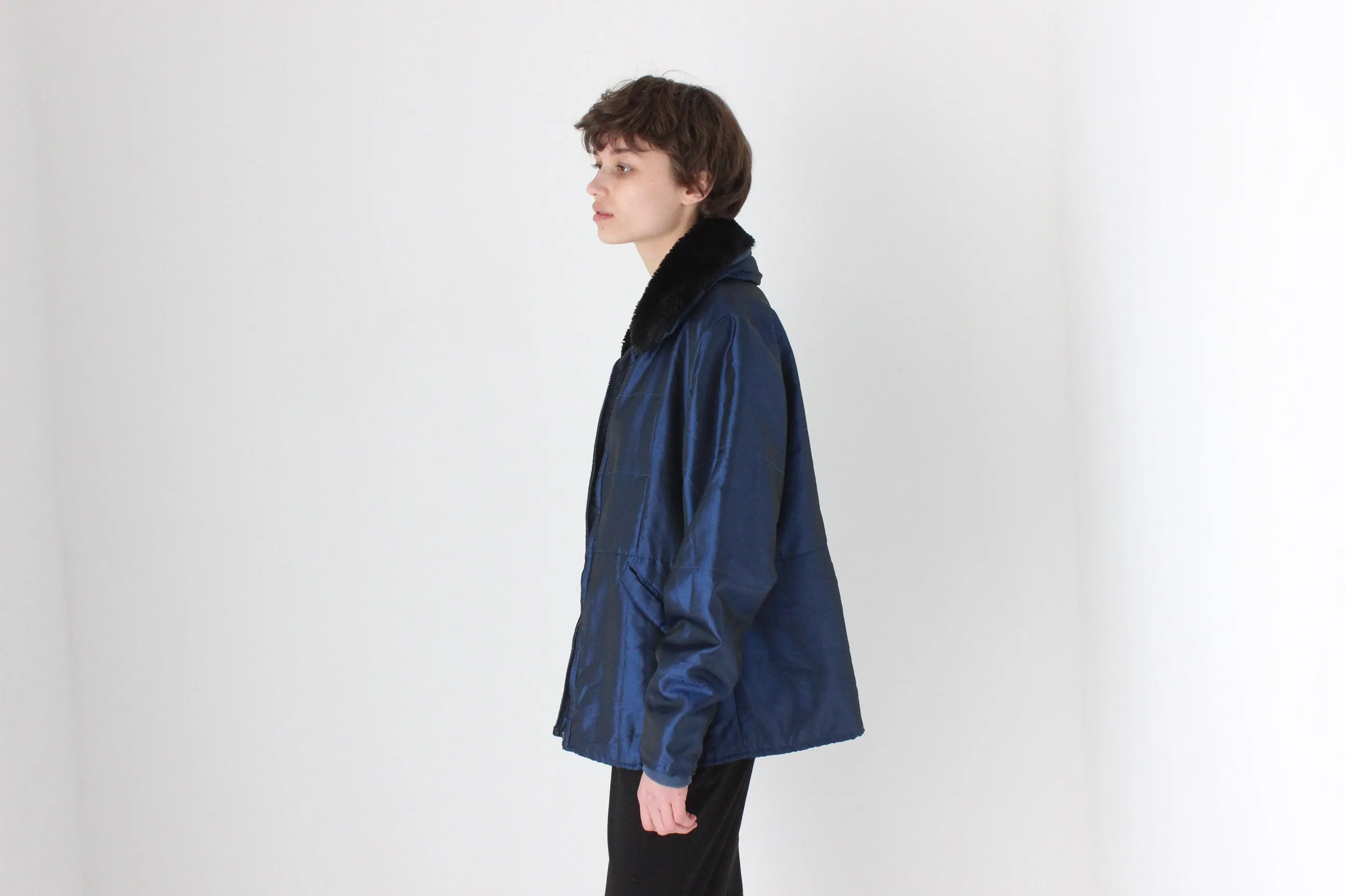 90s Metallic Blue Quilted Nylon Fur Collar Puffer