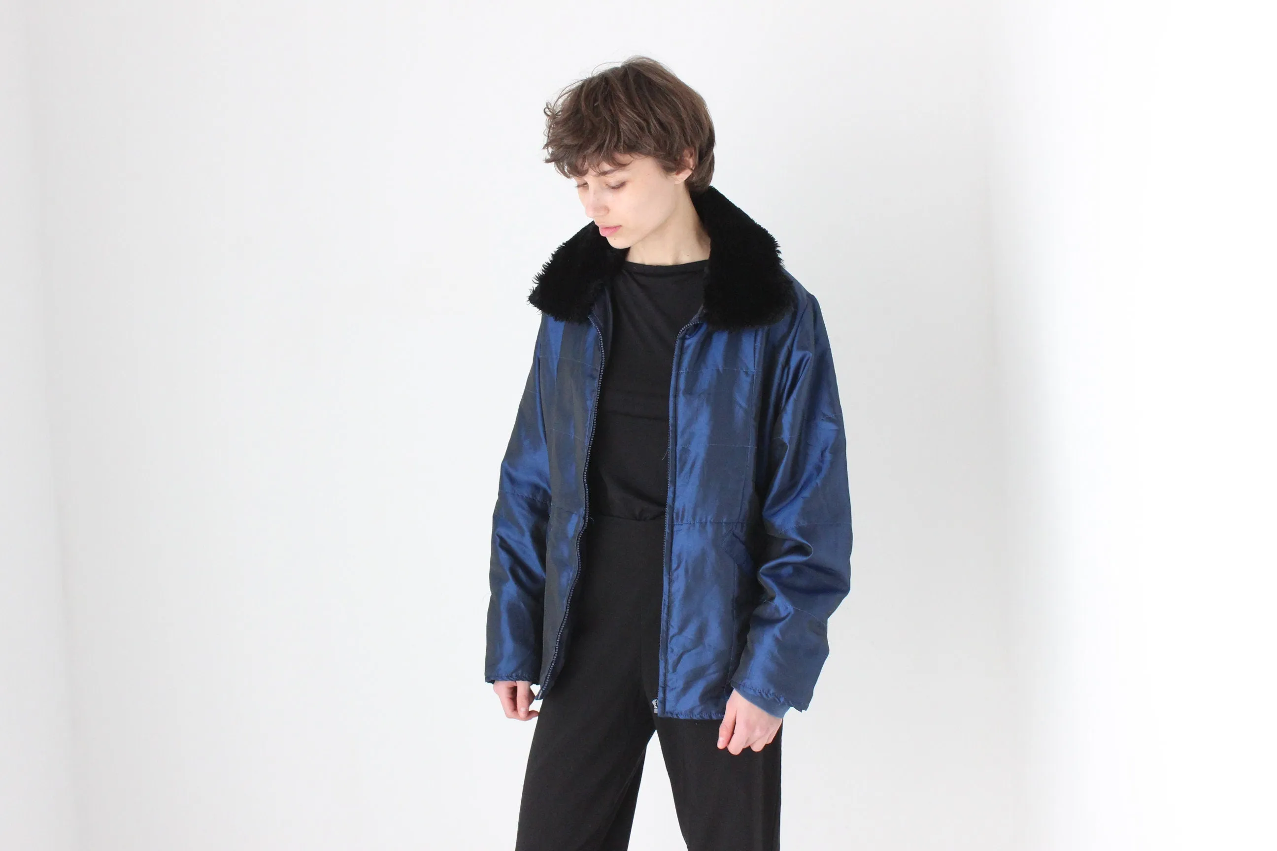 90s Metallic Blue Quilted Nylon Fur Collar Puffer