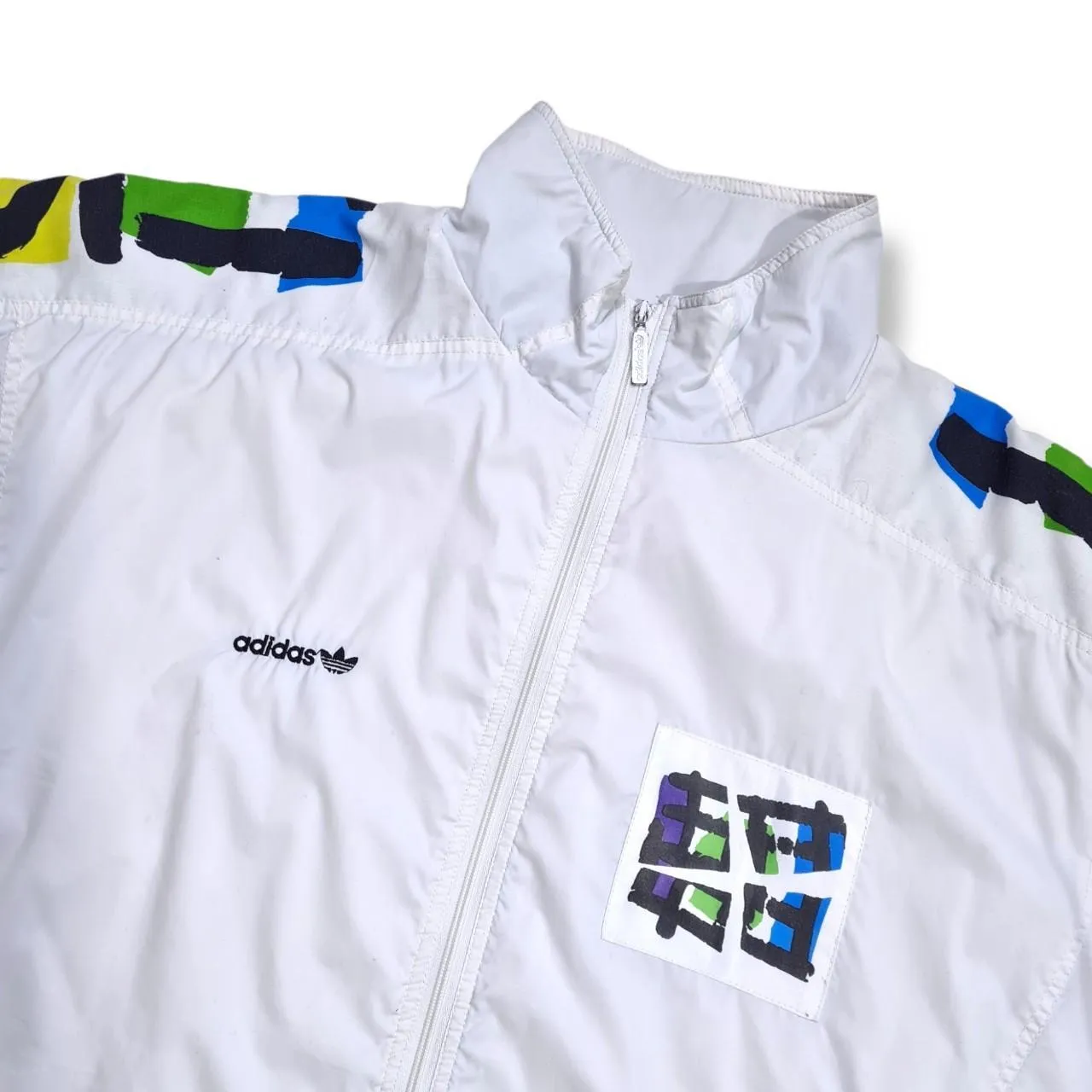 Adidas Men's Outerwear Track Jacket Size X-Large White with Multicolor Embroidery Full front Zipper