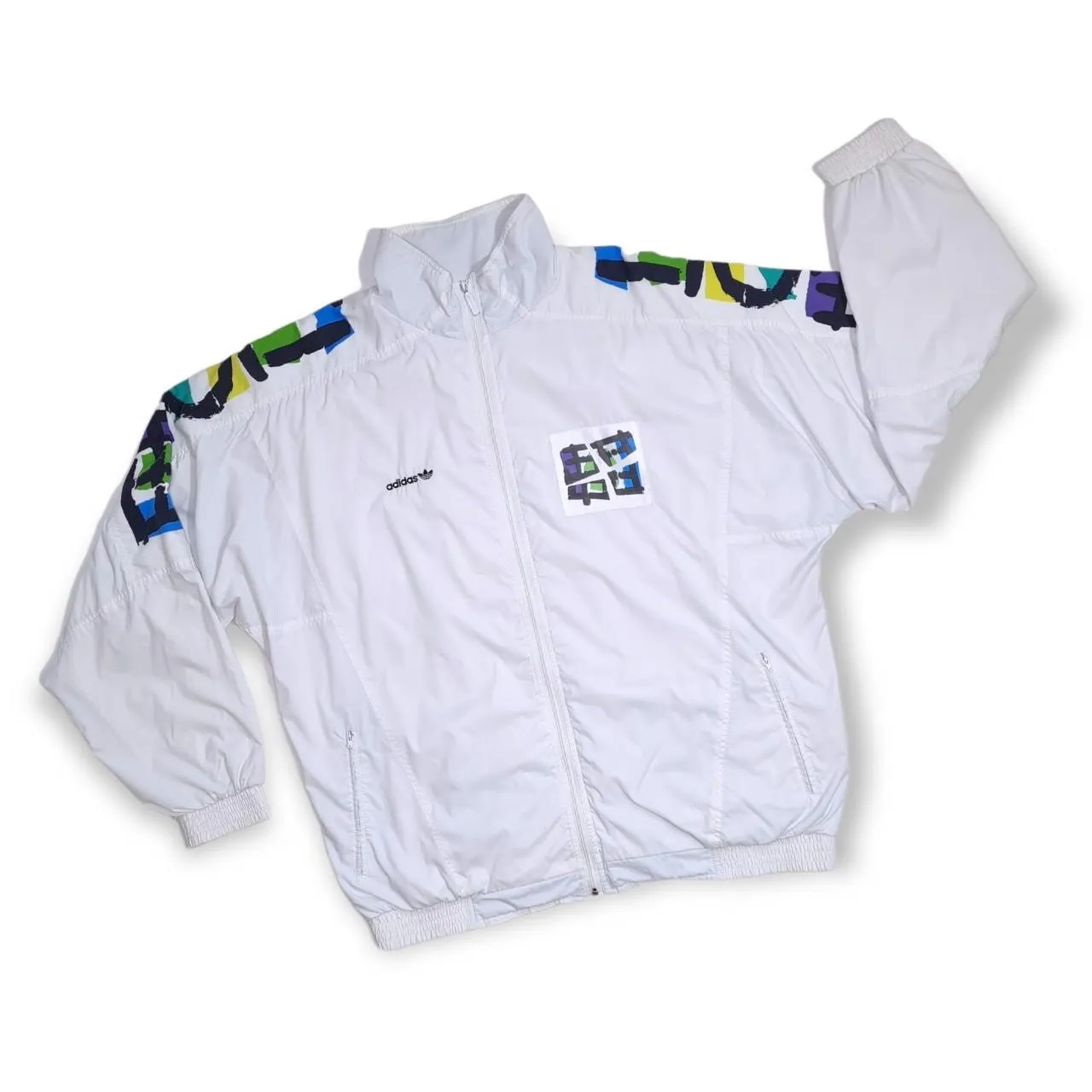 Adidas Men's Outerwear Track Jacket Size X-Large White with Multicolor Embroidery Full front Zipper