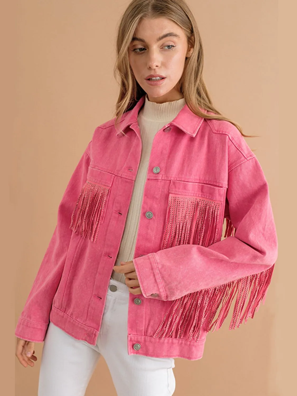 *APP EXCLUSIVE* Fringe Detail Dropped Shoulder Denim Jacket