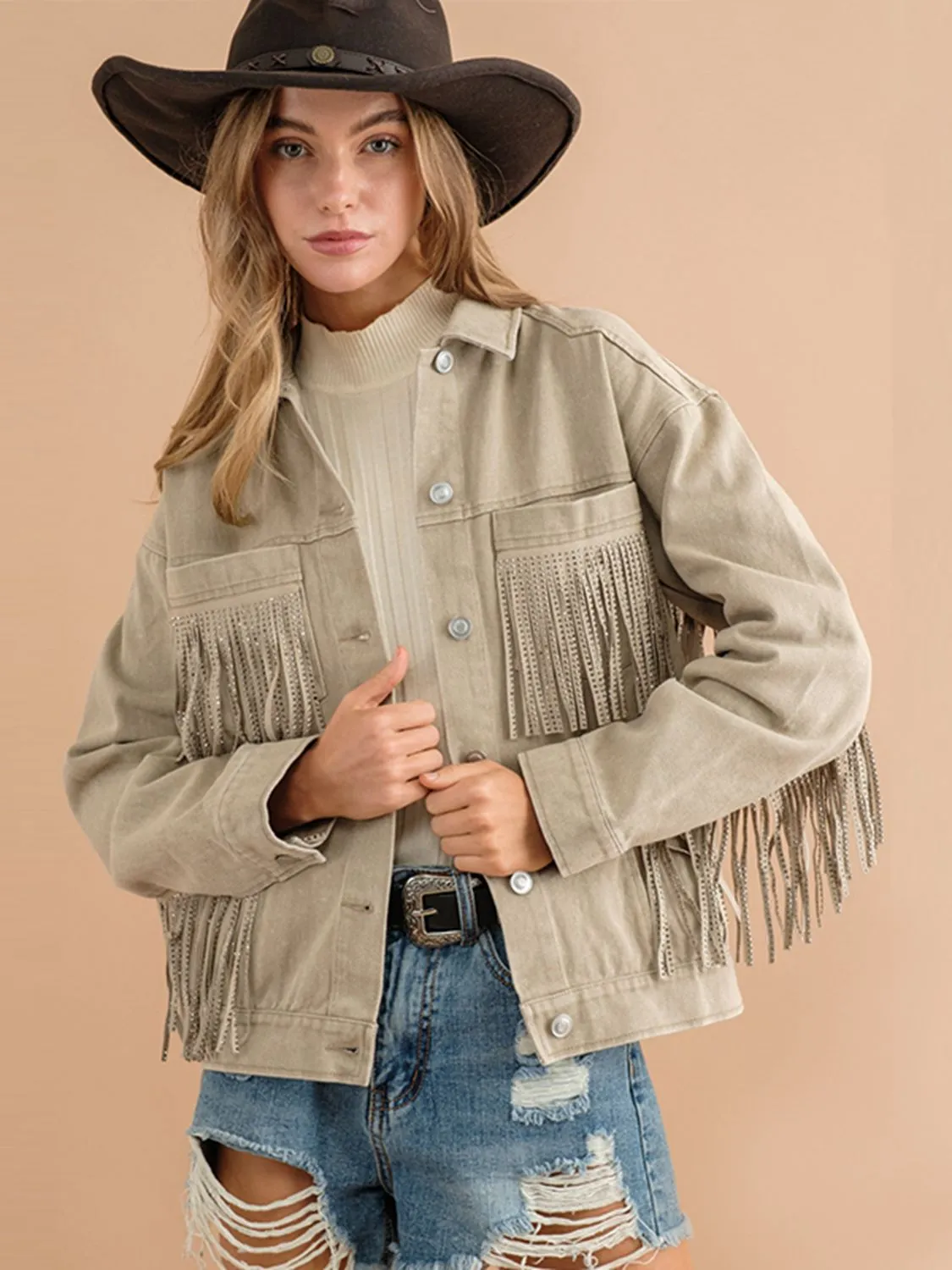 *APP EXCLUSIVE* Fringe Detail Dropped Shoulder Denim Jacket