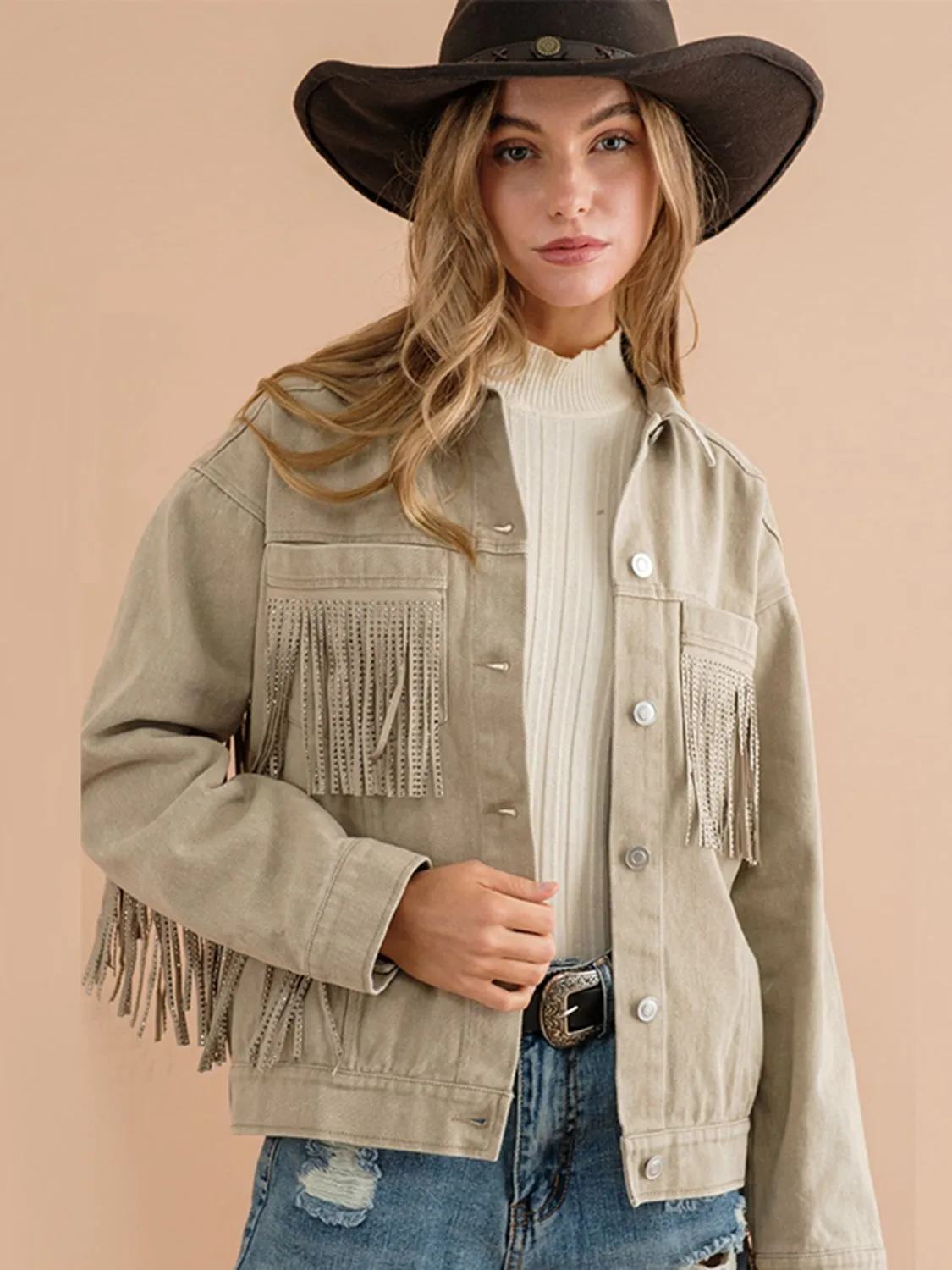 *APP EXCLUSIVE* Fringe Detail Dropped Shoulder Denim Jacket