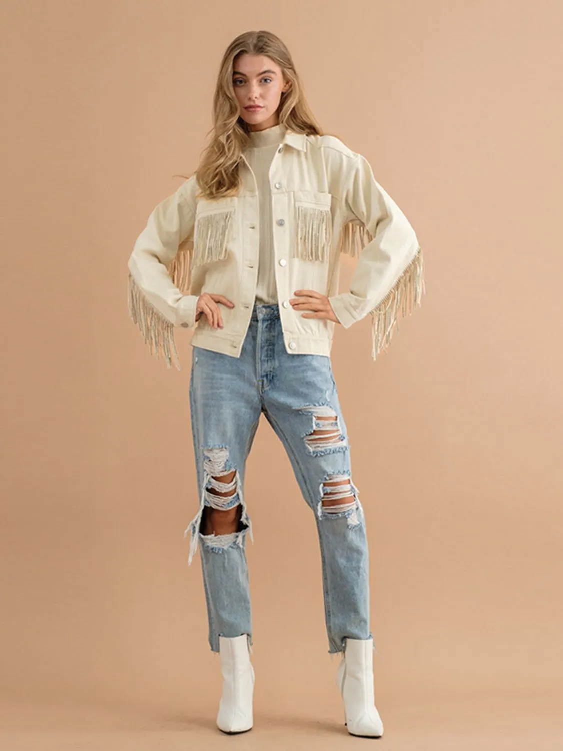 *APP EXCLUSIVE* Fringe Detail Dropped Shoulder Denim Jacket