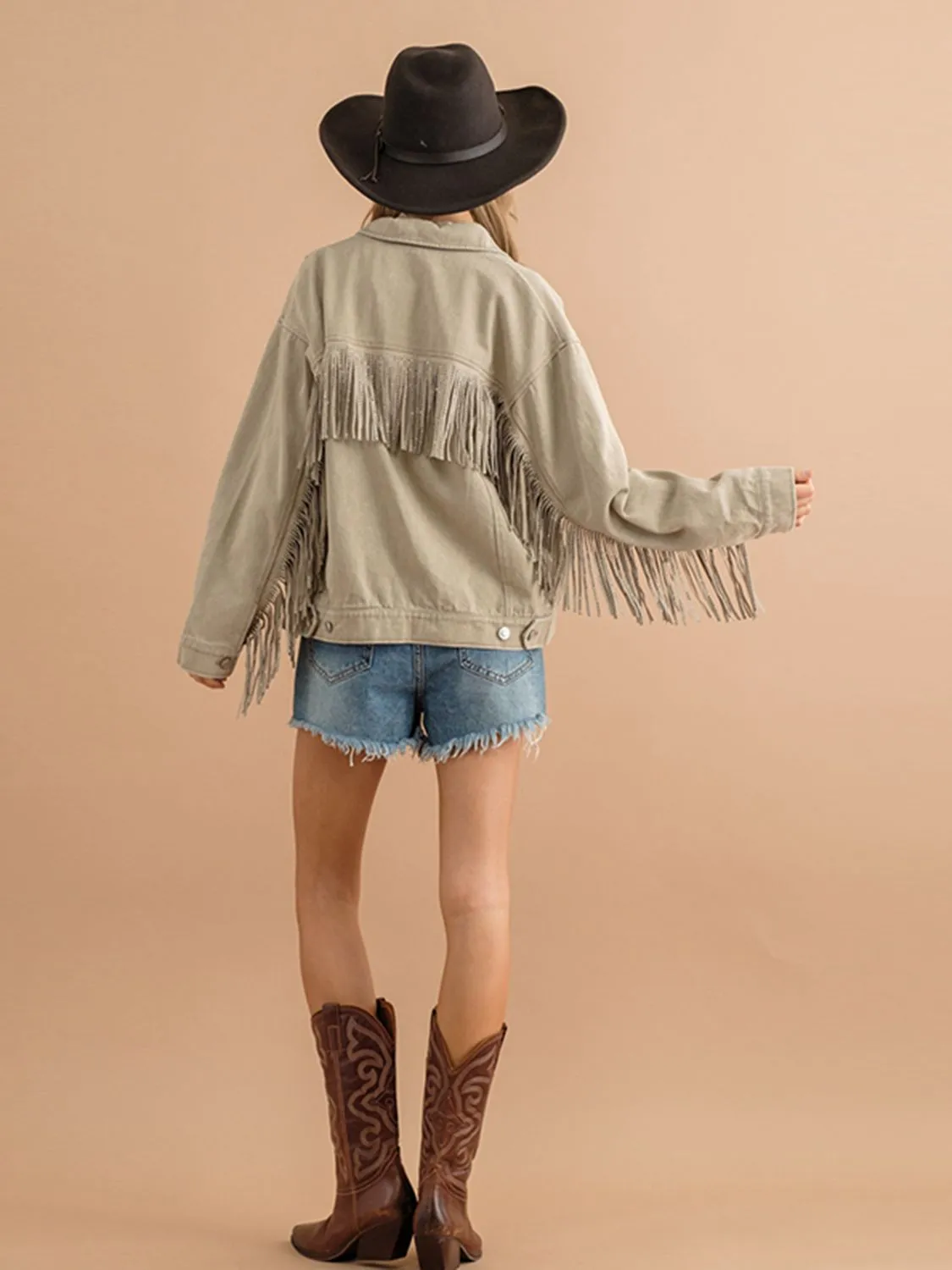 *APP EXCLUSIVE* Fringe Detail Dropped Shoulder Denim Jacket