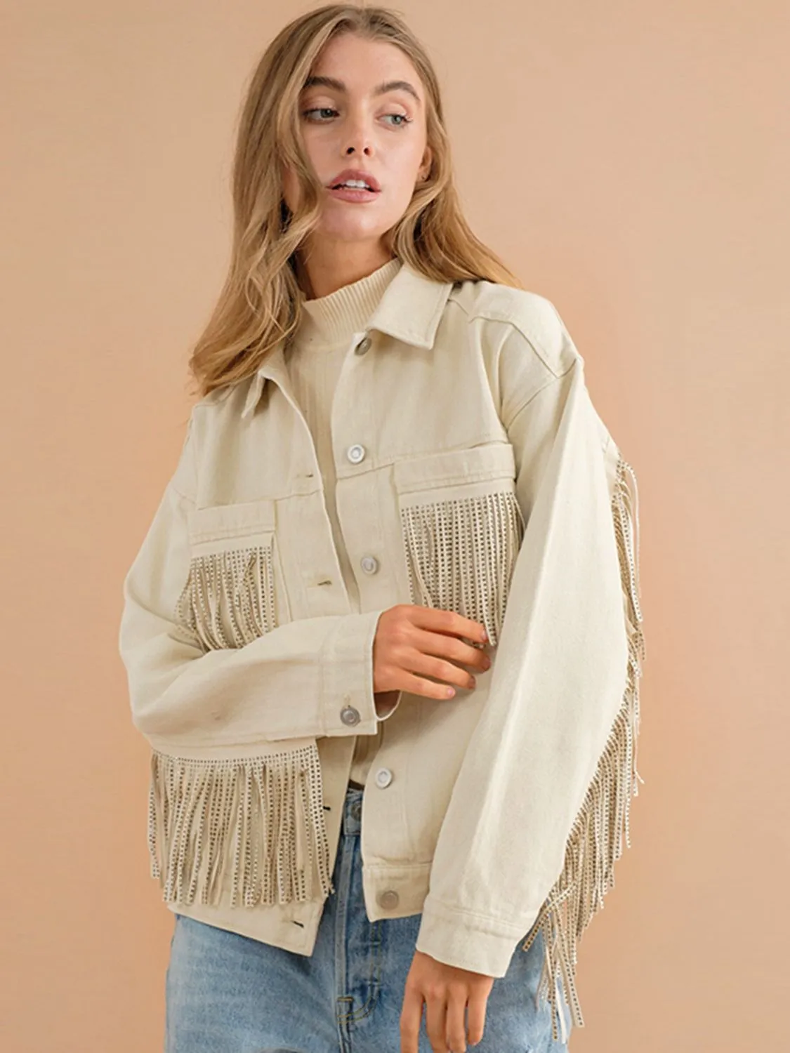 *APP EXCLUSIVE* Fringe Detail Dropped Shoulder Denim Jacket