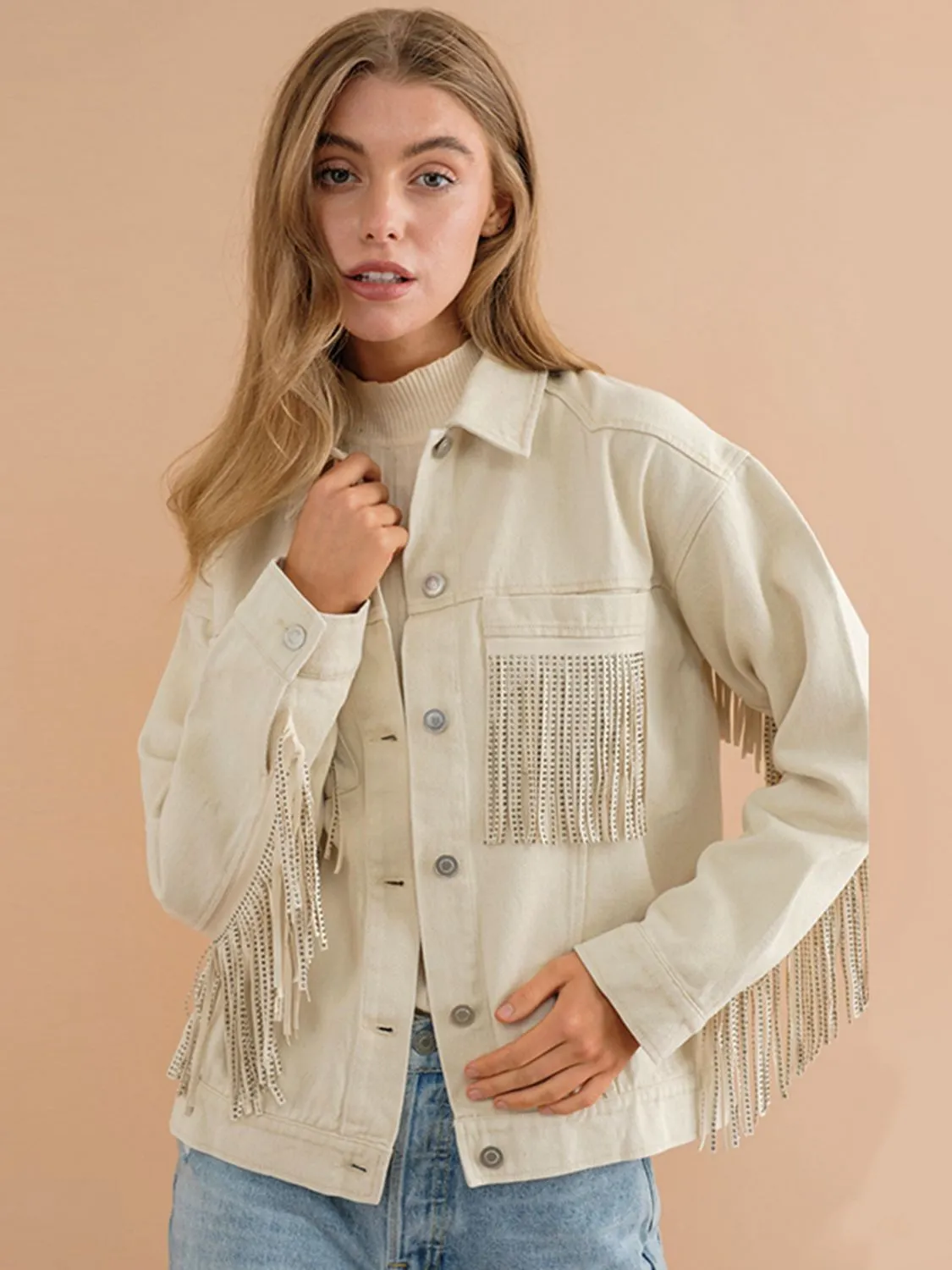 *APP EXCLUSIVE* Fringe Detail Dropped Shoulder Denim Jacket