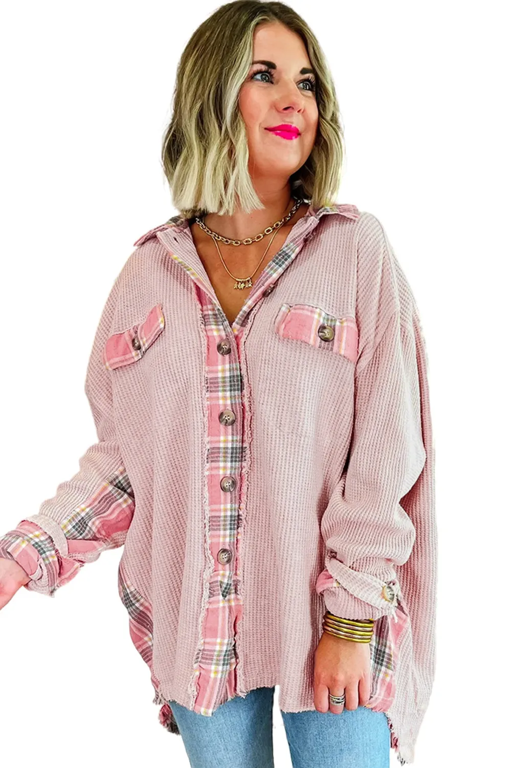 Apricot Pink Plaid Raw Edge High Low Waffle Knit Oversized Shacket