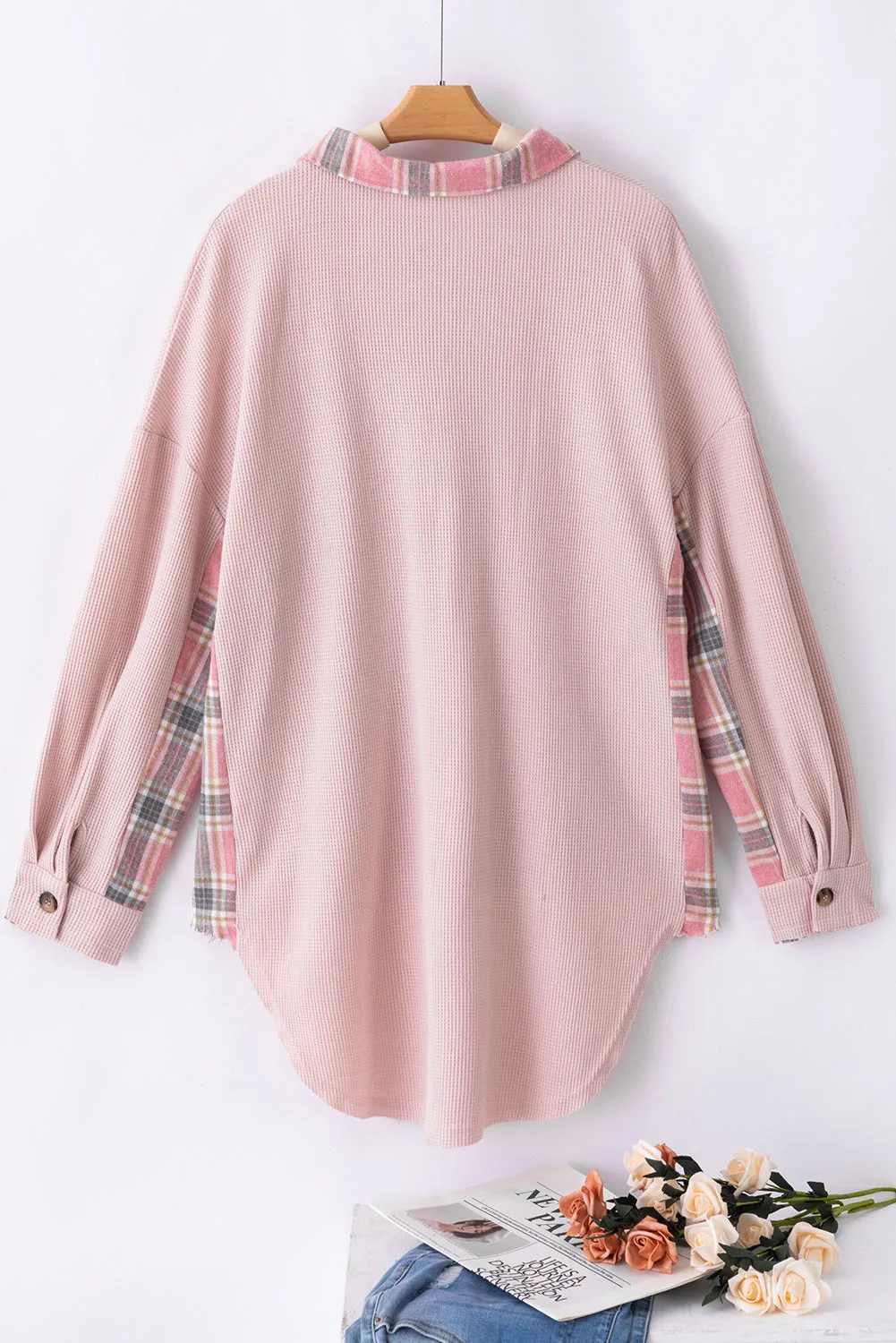 Apricot Pink Plaid Raw Edge High Low Waffle Knit Oversized Shacket