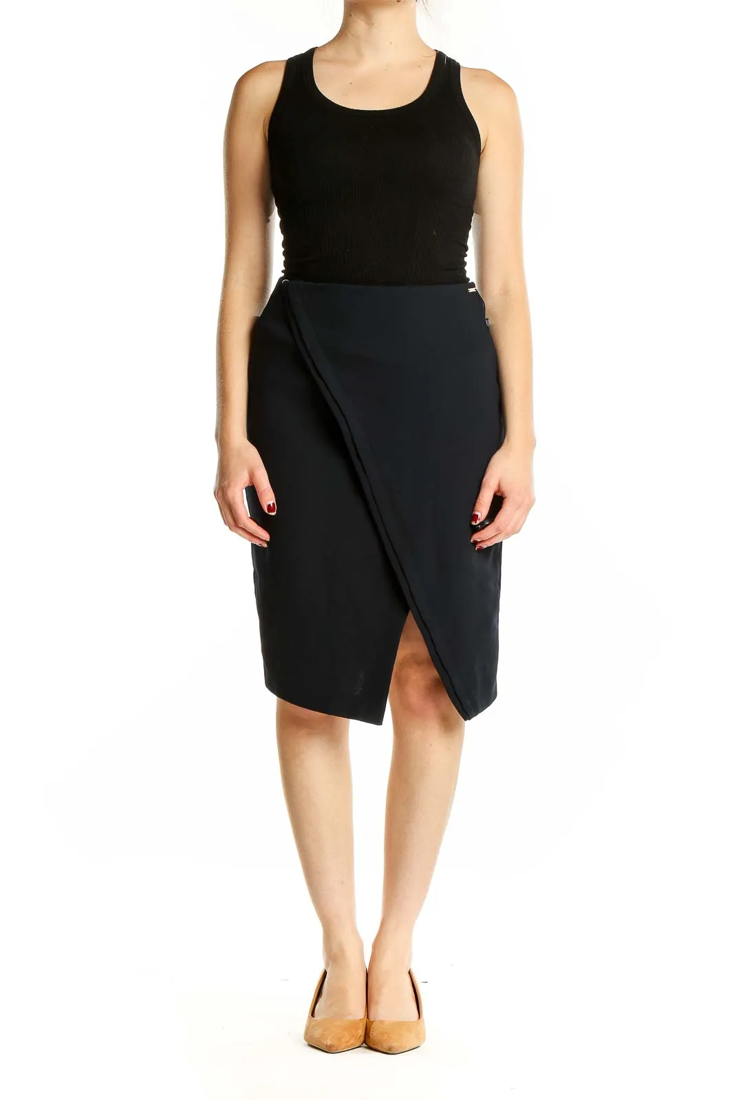 Black Asymmetrical Wrap Pencil Skirt