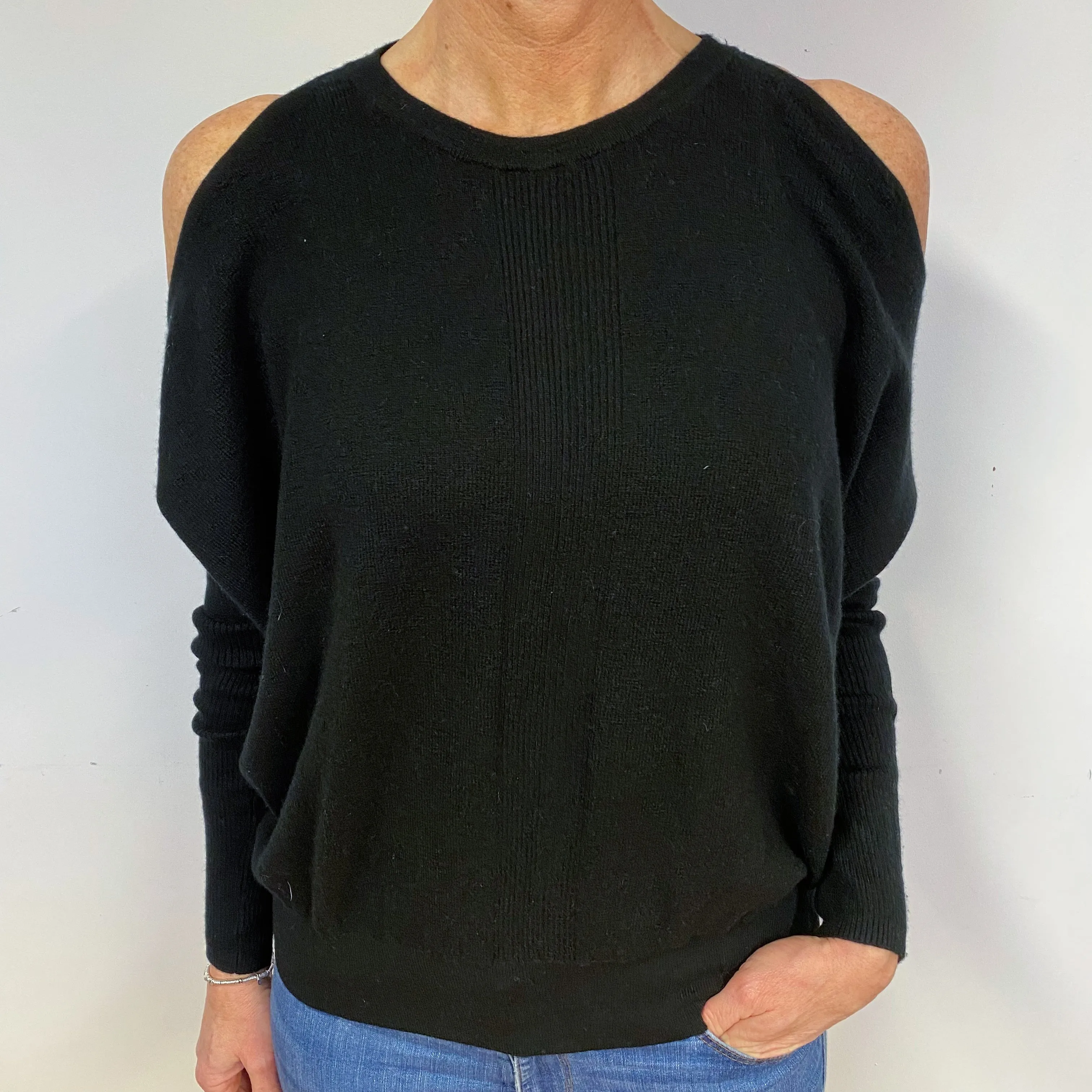 Black Cold Shoulder Cashmere Crew Neck Jumper Medium