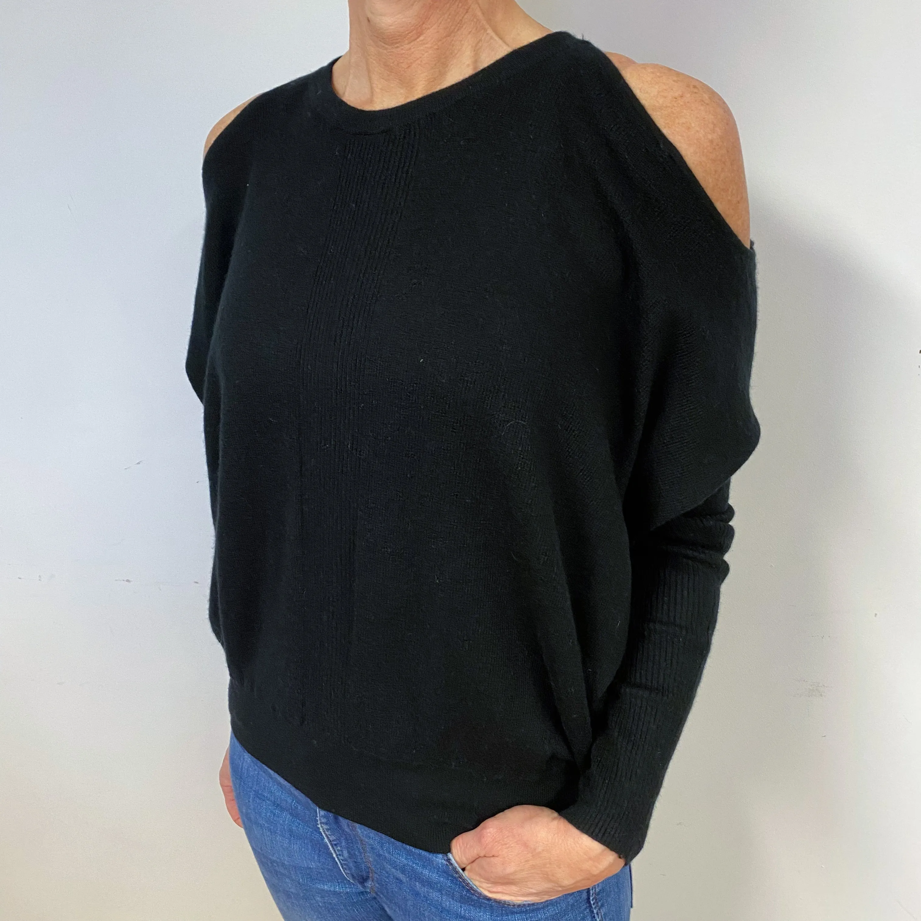 Black Cold Shoulder Cashmere Crew Neck Jumper Medium