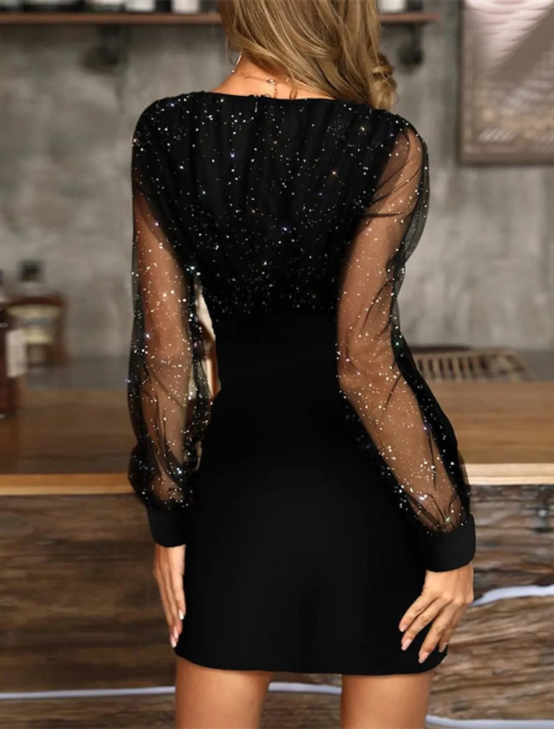 Black Dress Wedding Guest Cocktail Dress Sexy V Neck Bodycon Patchwork Long Mesh Sleeve Spring Summer