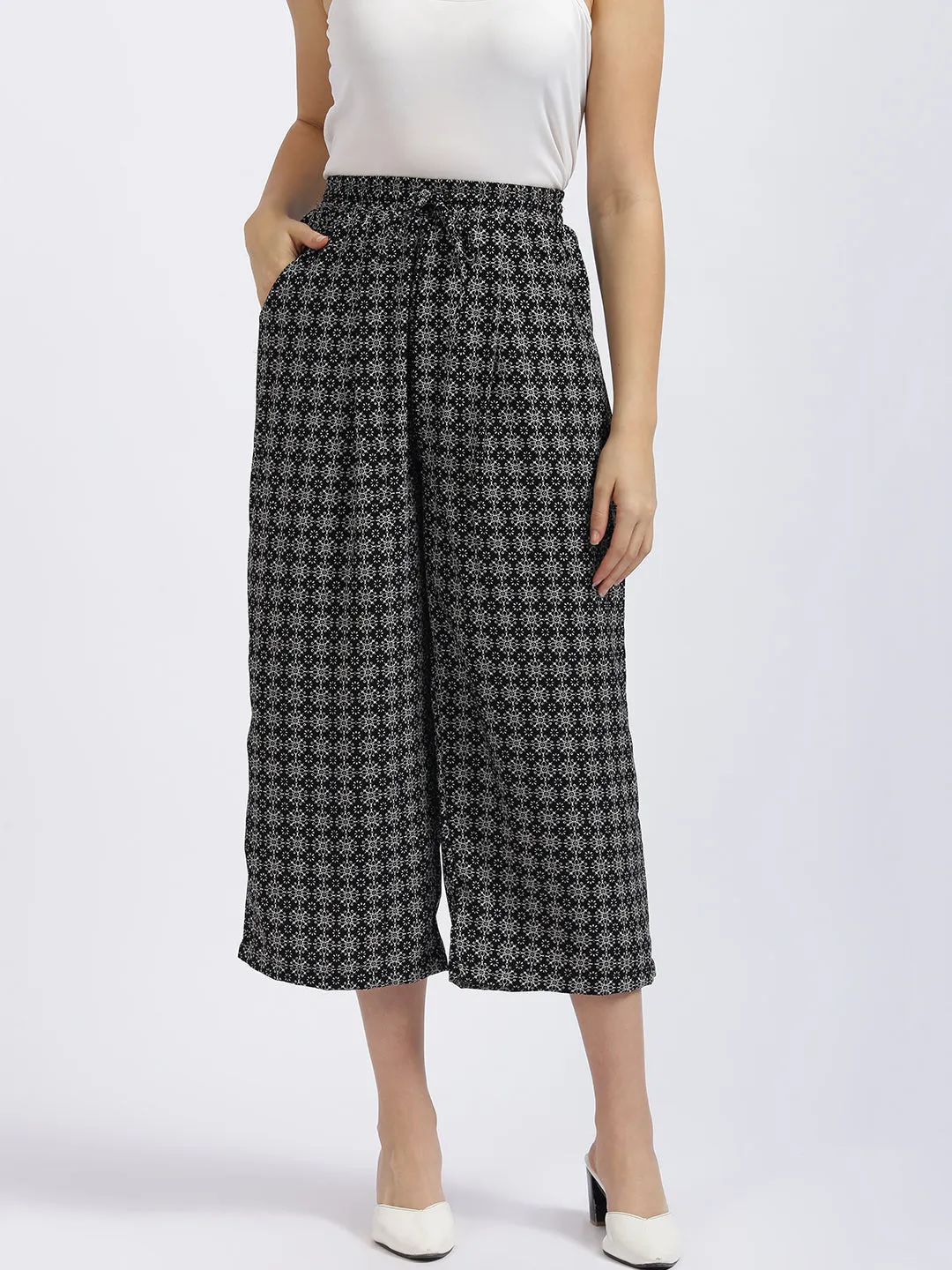 Black Geometric Print Wide Leg Culottes