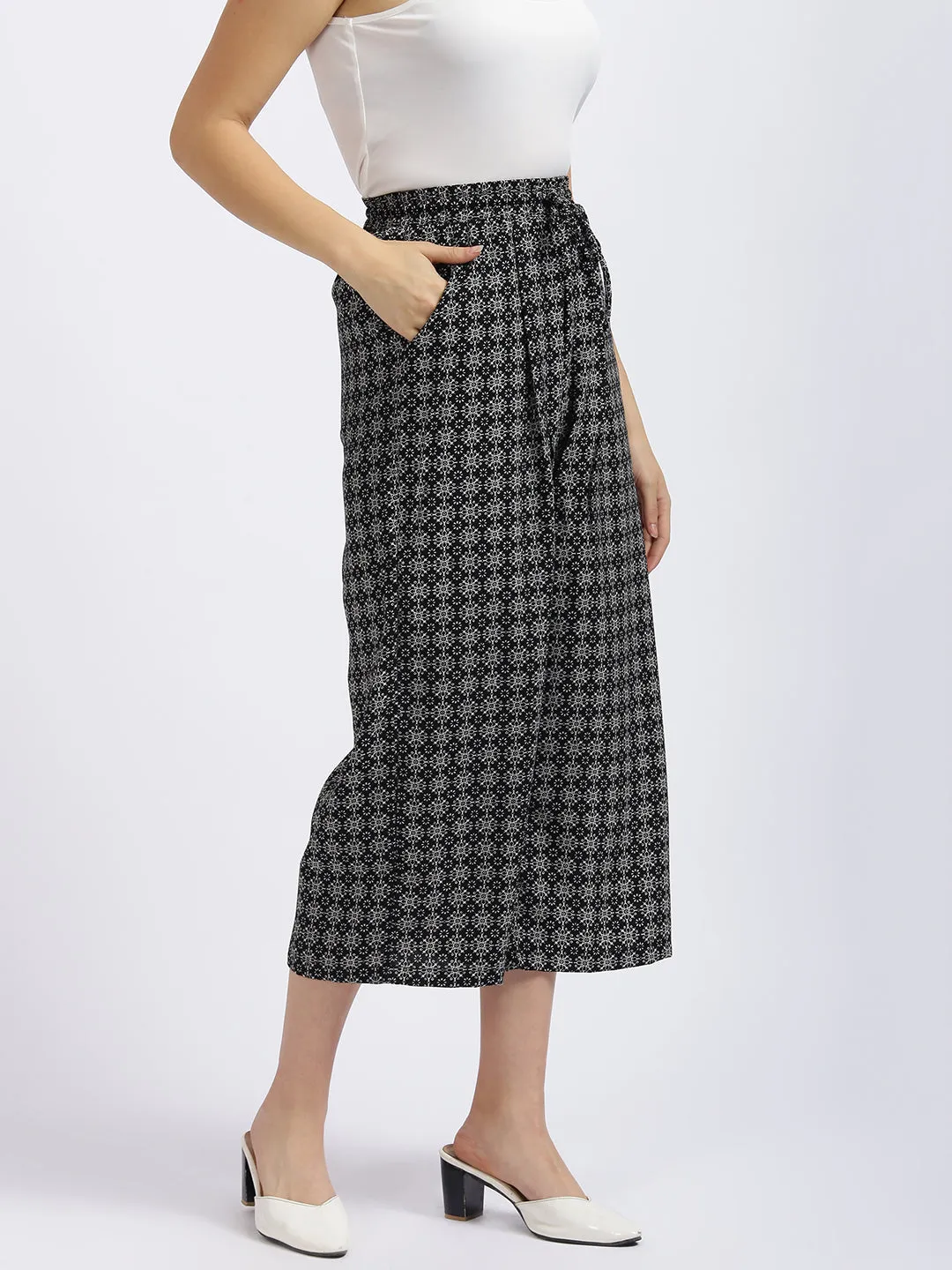 Black Geometric Print Wide Leg Culottes