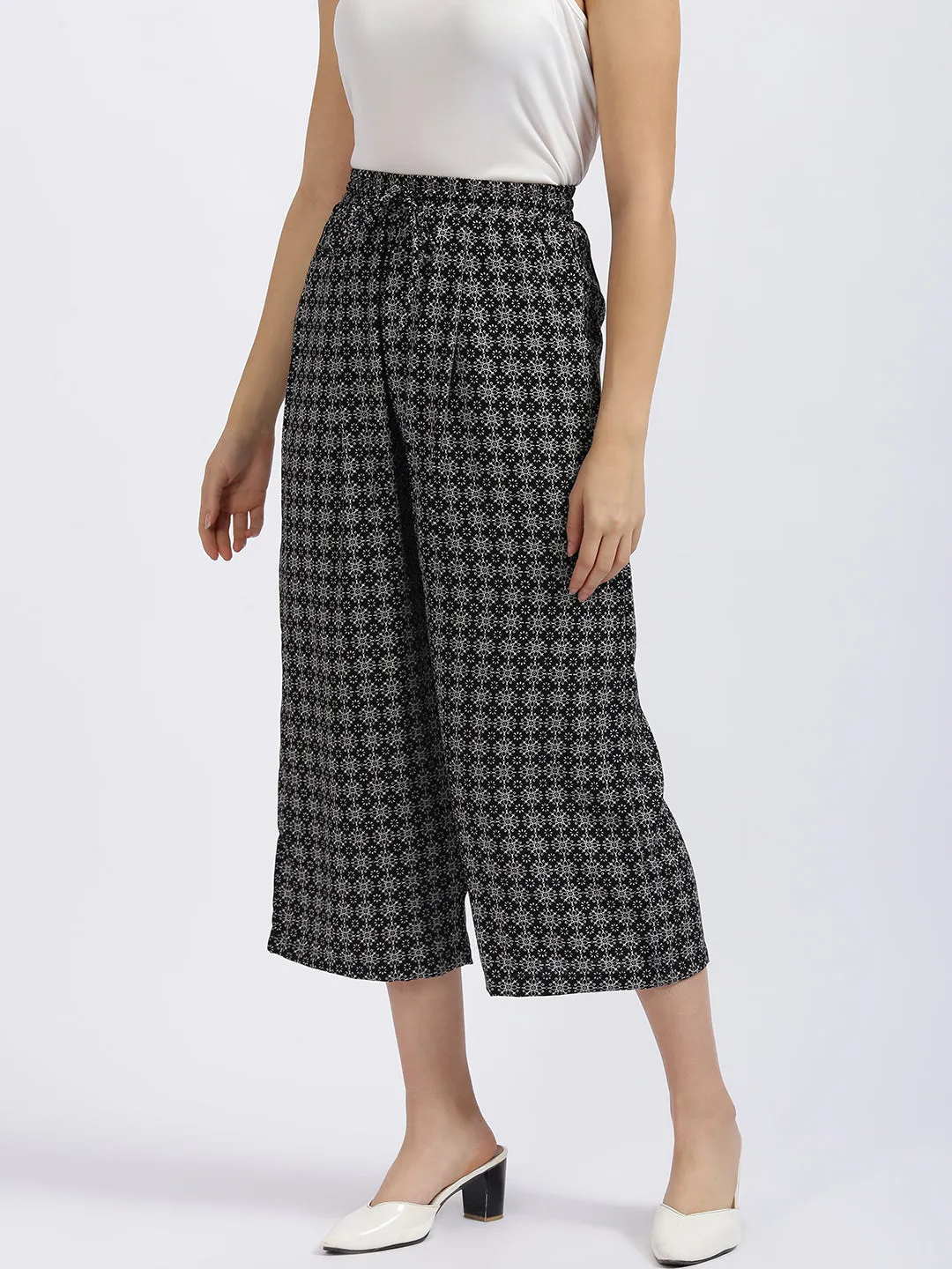 Black Geometric Print Wide Leg Culottes