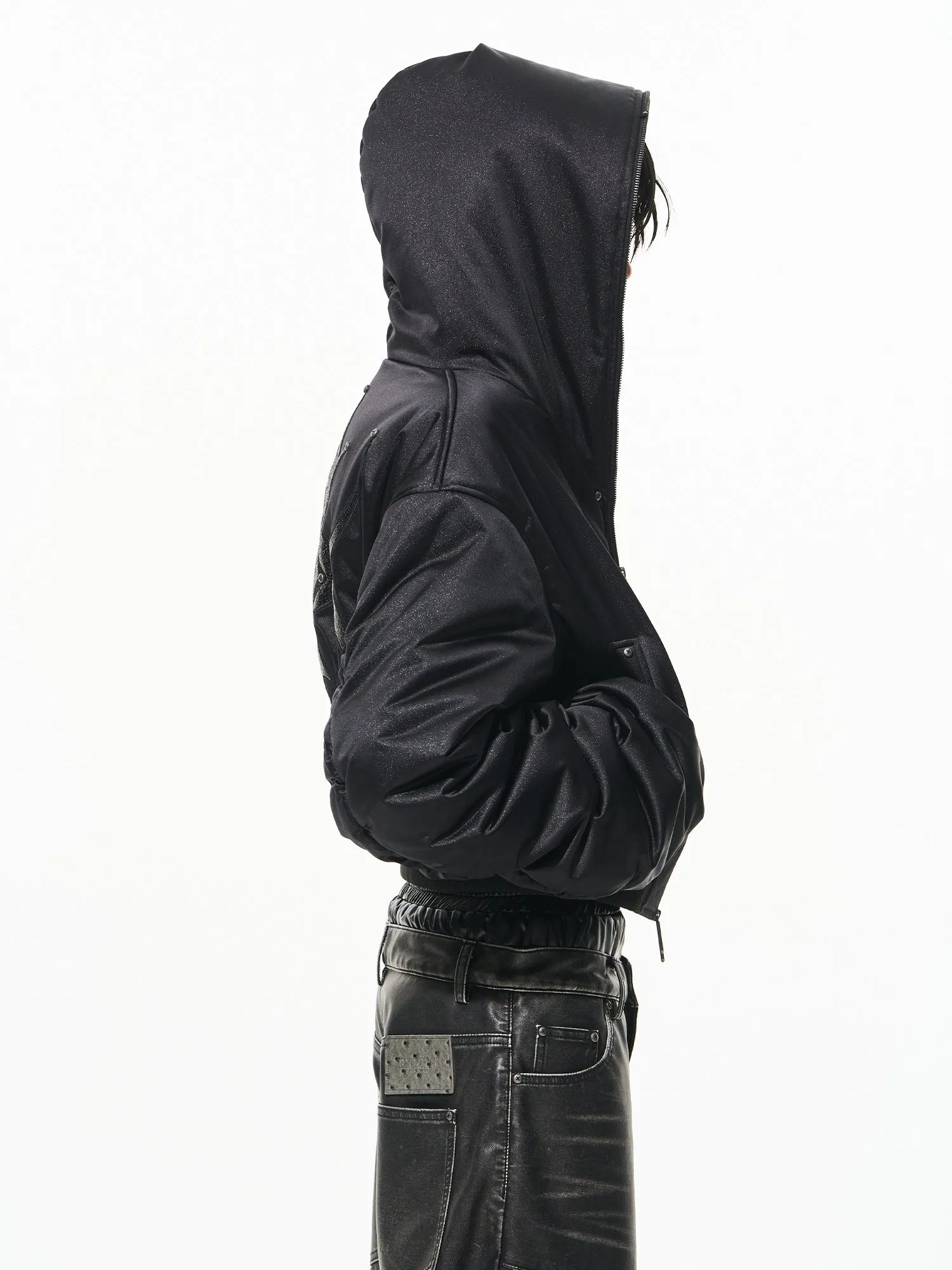 Black Hooded Shimmer Logo Studded Puffer Jacket