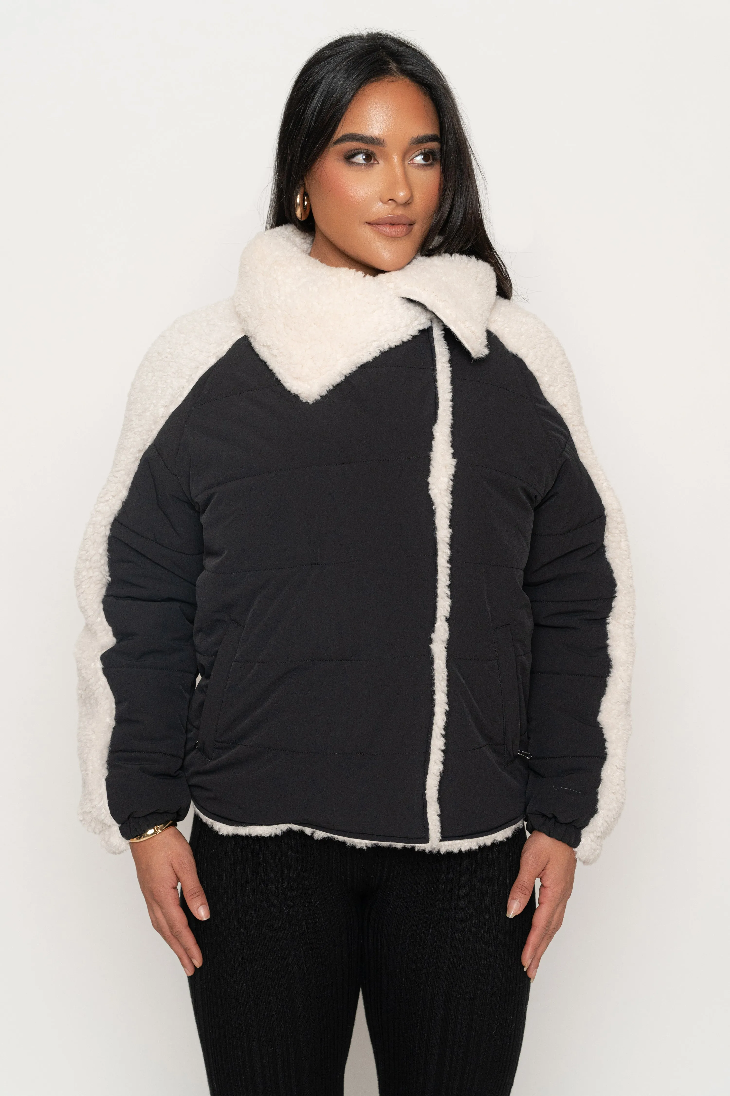 Black/Ivory Contrast Sherpa Jacket