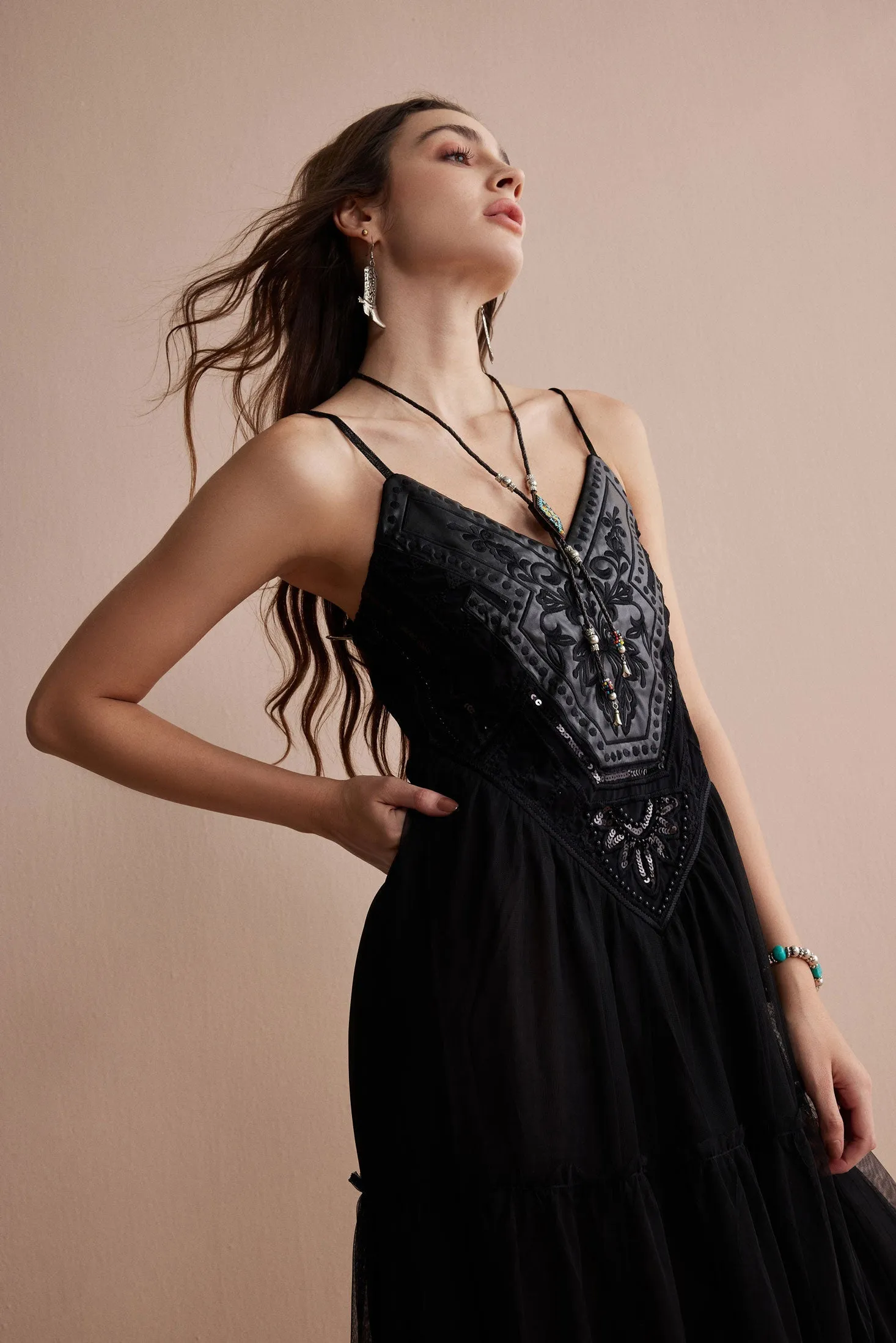 Bohera Janet Elaine Embroidered Leather Tier Dress