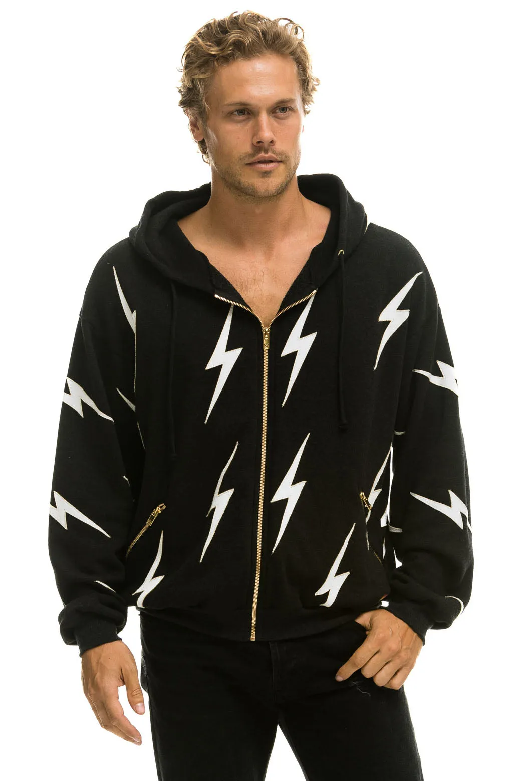 BOLT STITCH REPEAT RELAXED ZIP HOODIE WITH POCKET ZIPPERS- BLACK // WHITE