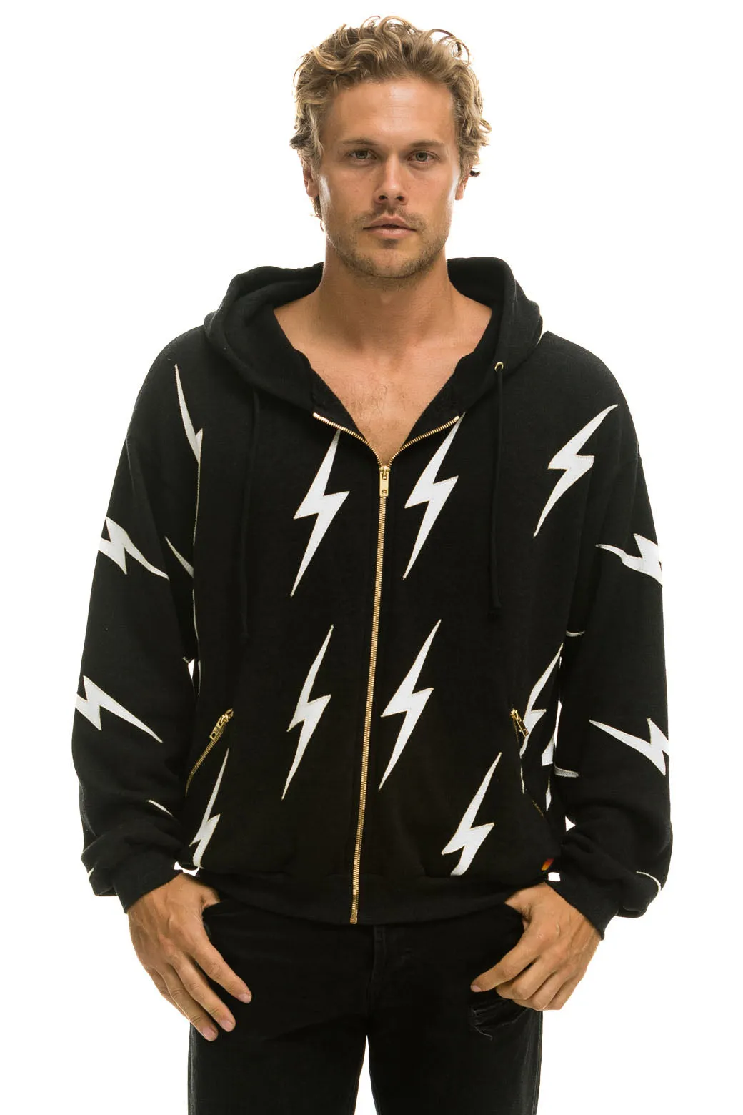 BOLT STITCH REPEAT RELAXED ZIP HOODIE WITH POCKET ZIPPERS- BLACK // WHITE