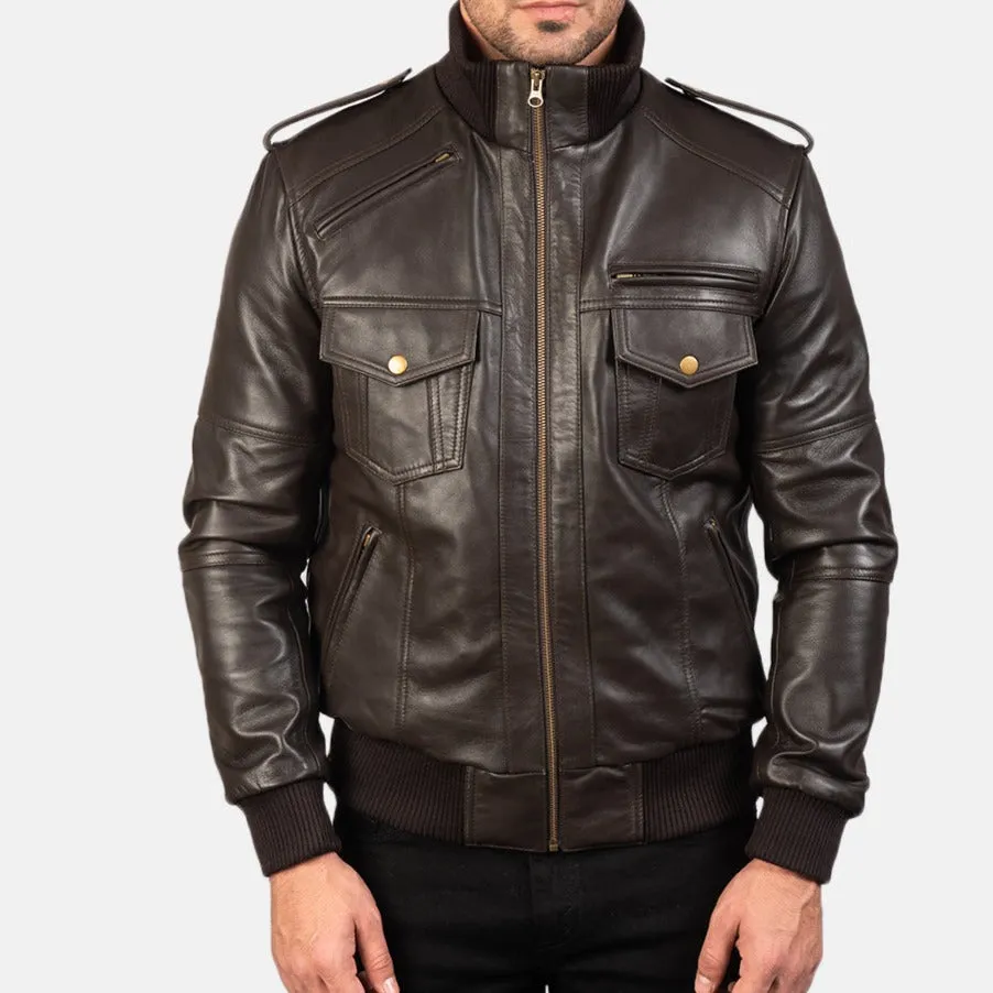 BOMBER-2403 MUSH Shadow Brown Leather Bomber Jacket