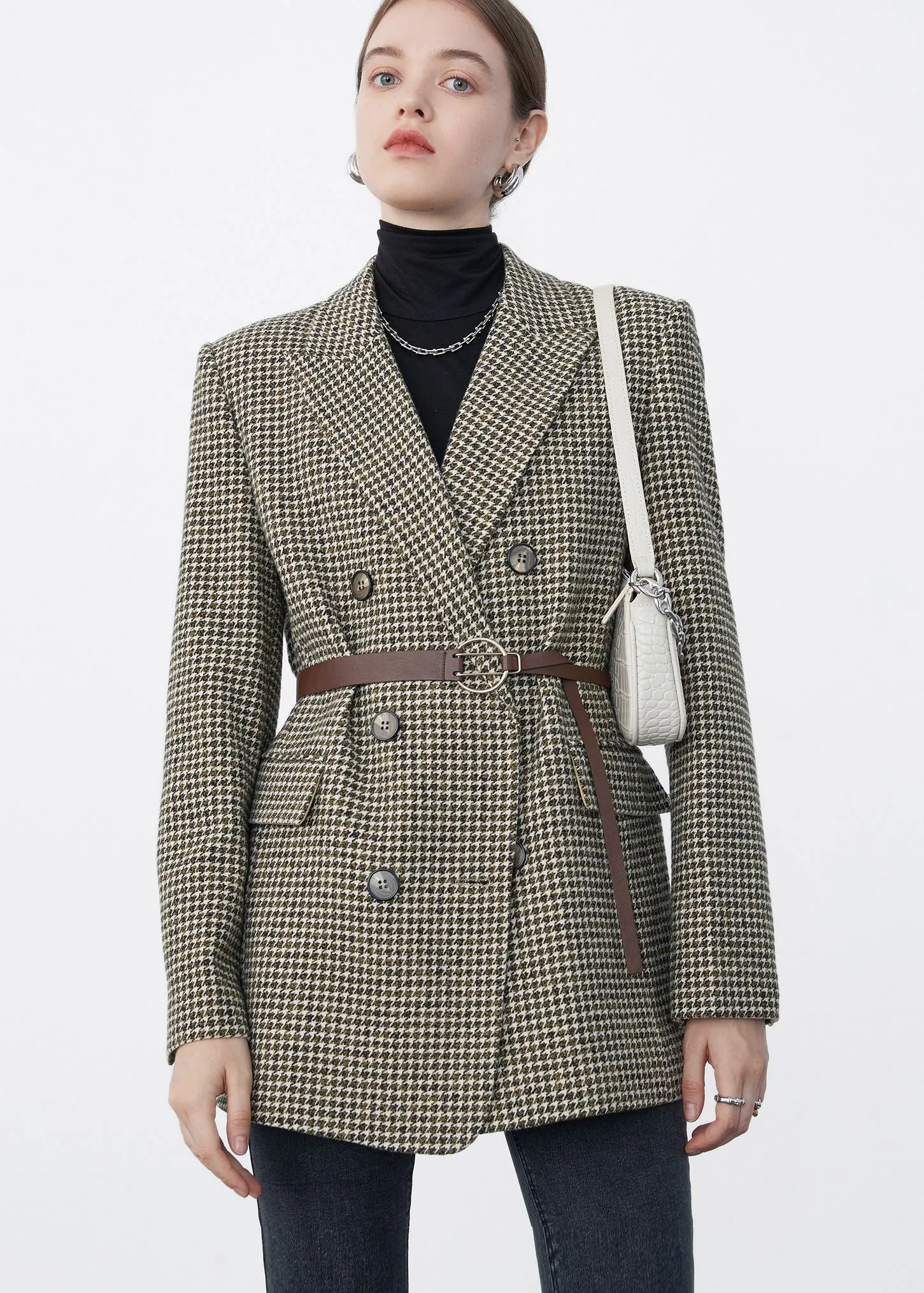 Brown Houndstooth Double Breasted Wool Blend Blazer