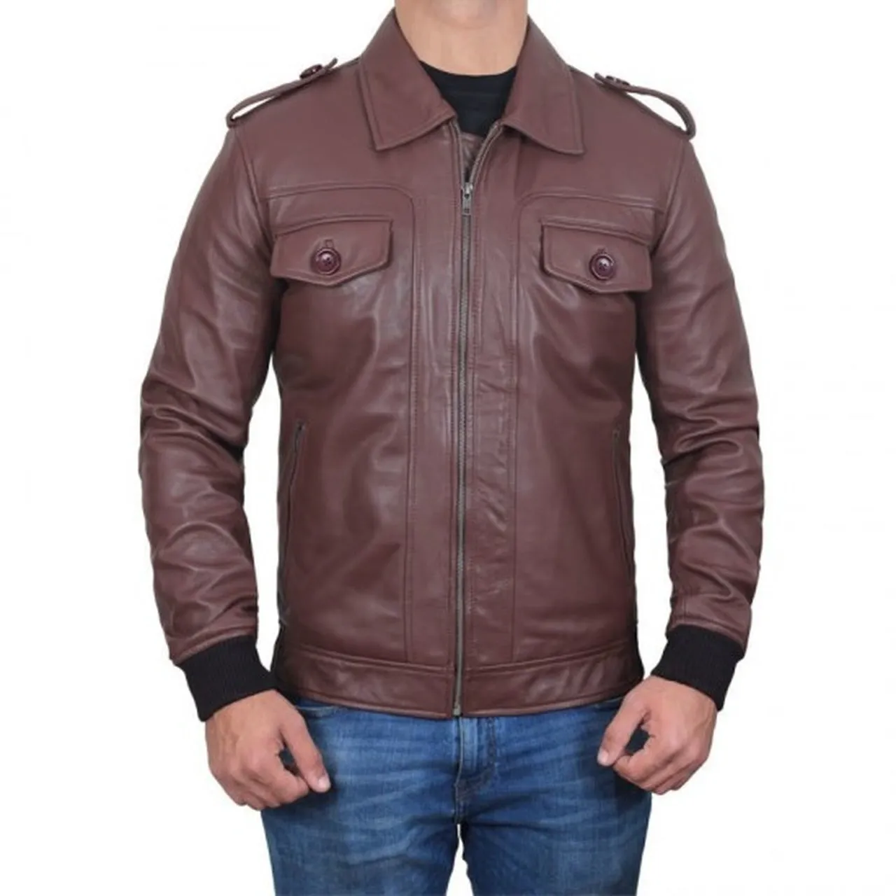 Brown Leather Bomber Jacket for Men