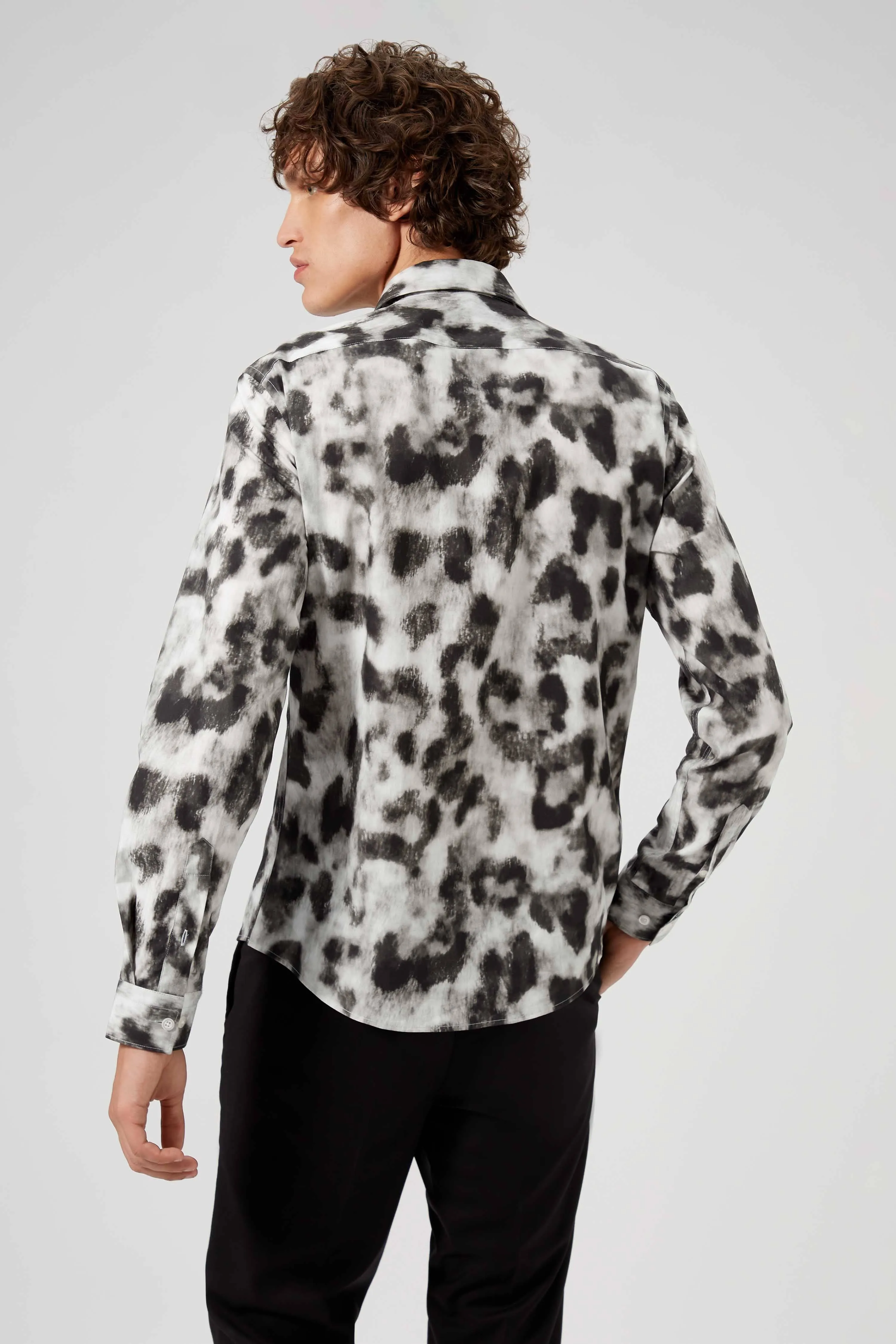 Burgess Skinny Fit Black Leopard Print Cotton Shirt - ARCHIVE