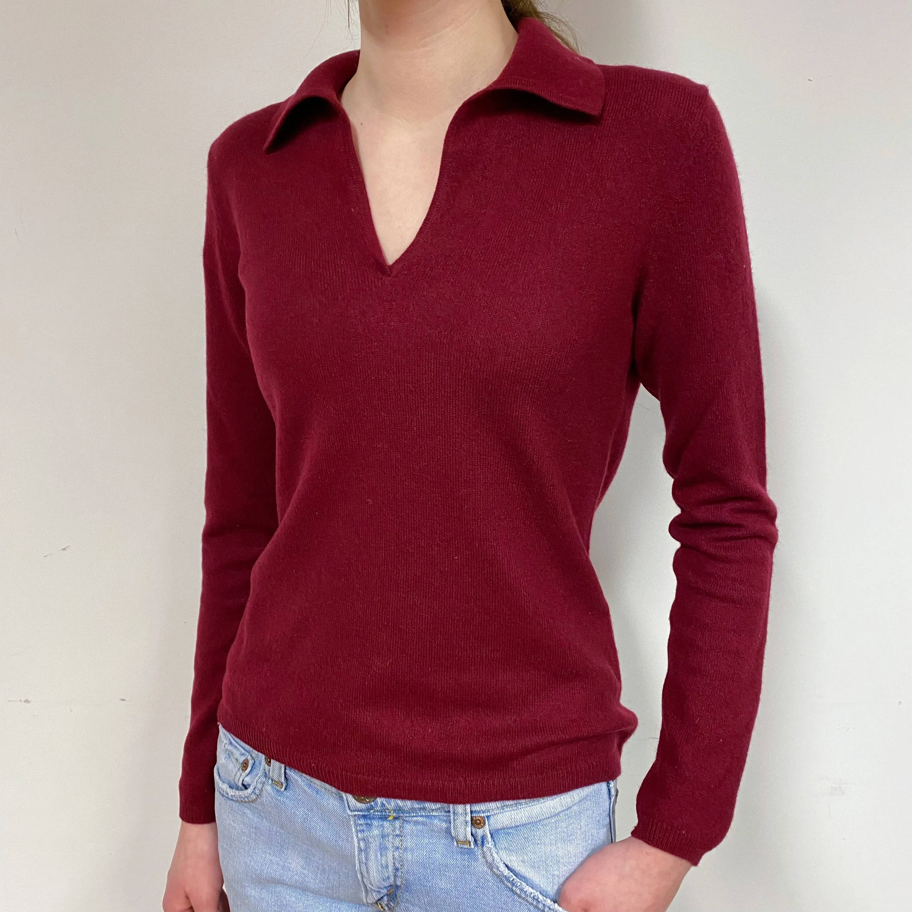 Burgundy Cashmere Collared V-Neck Jumper Extra Small