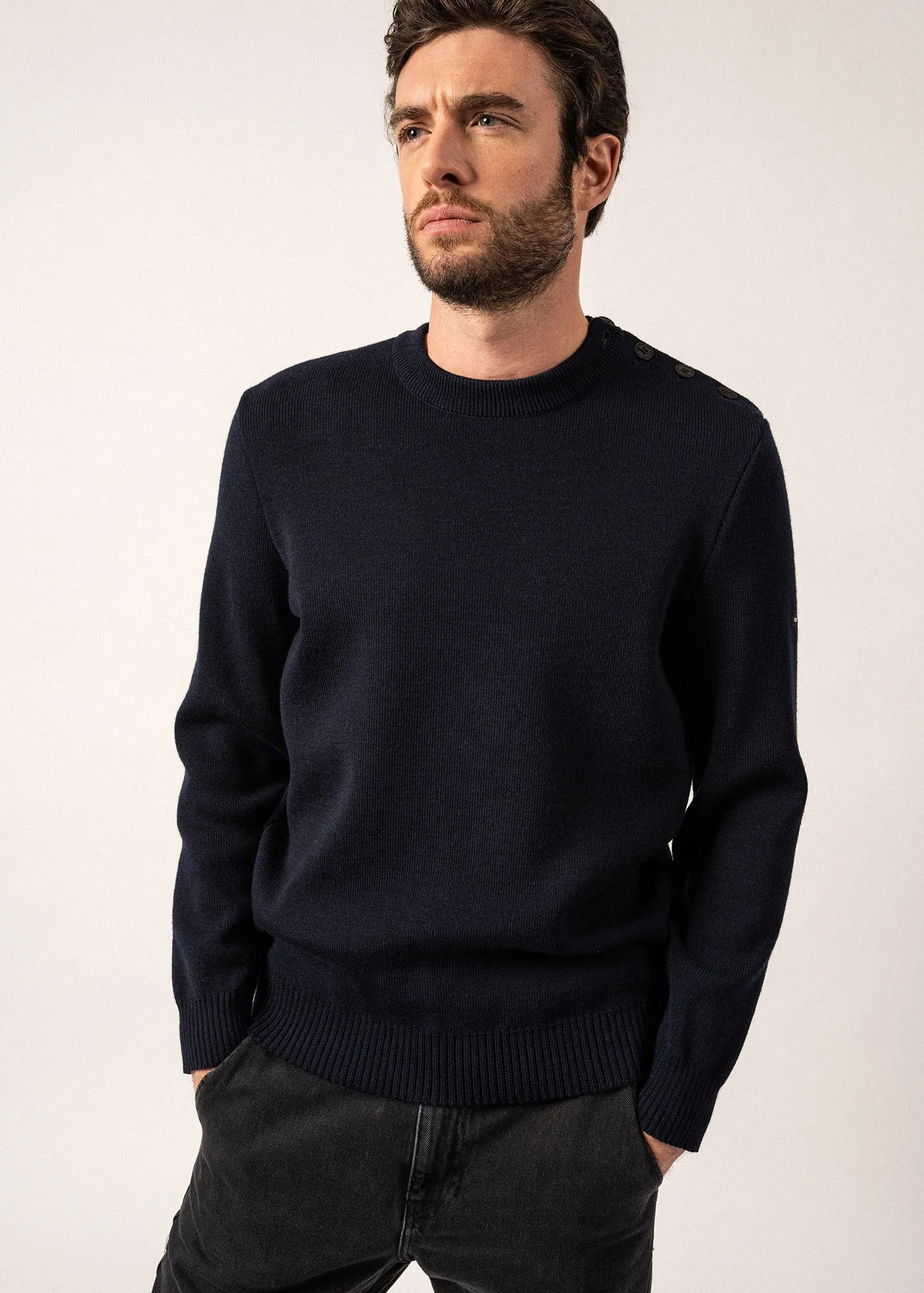 Cancale plain sailor jumper - with contrasting elbow patches (MARINE/TREFLE)