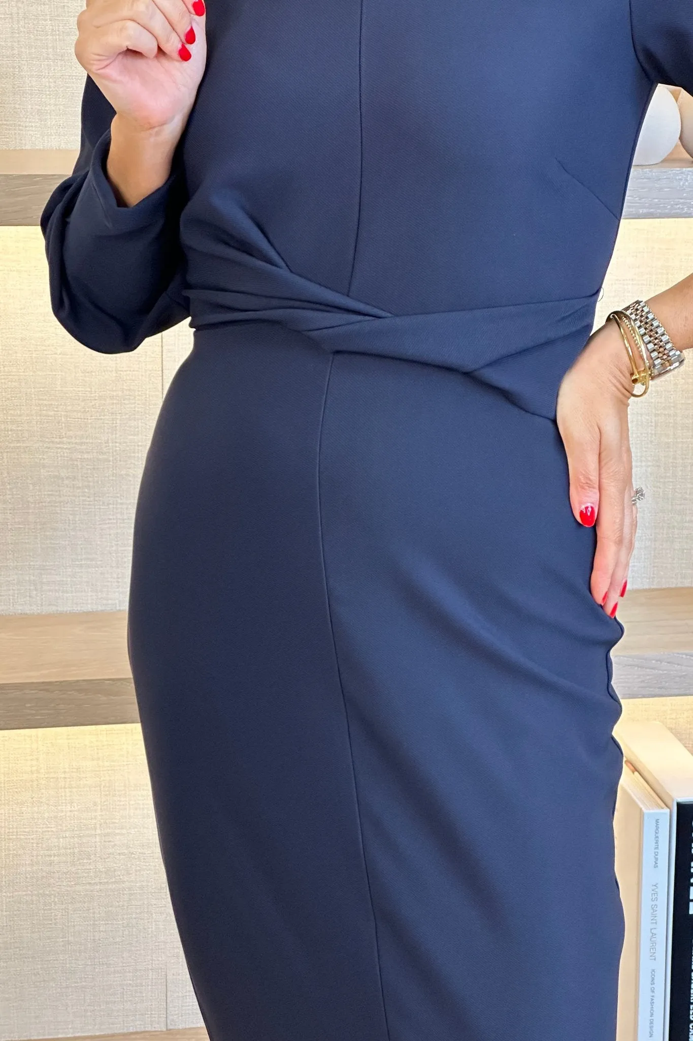 Celine Pencil Drape Midi Dress In Navy