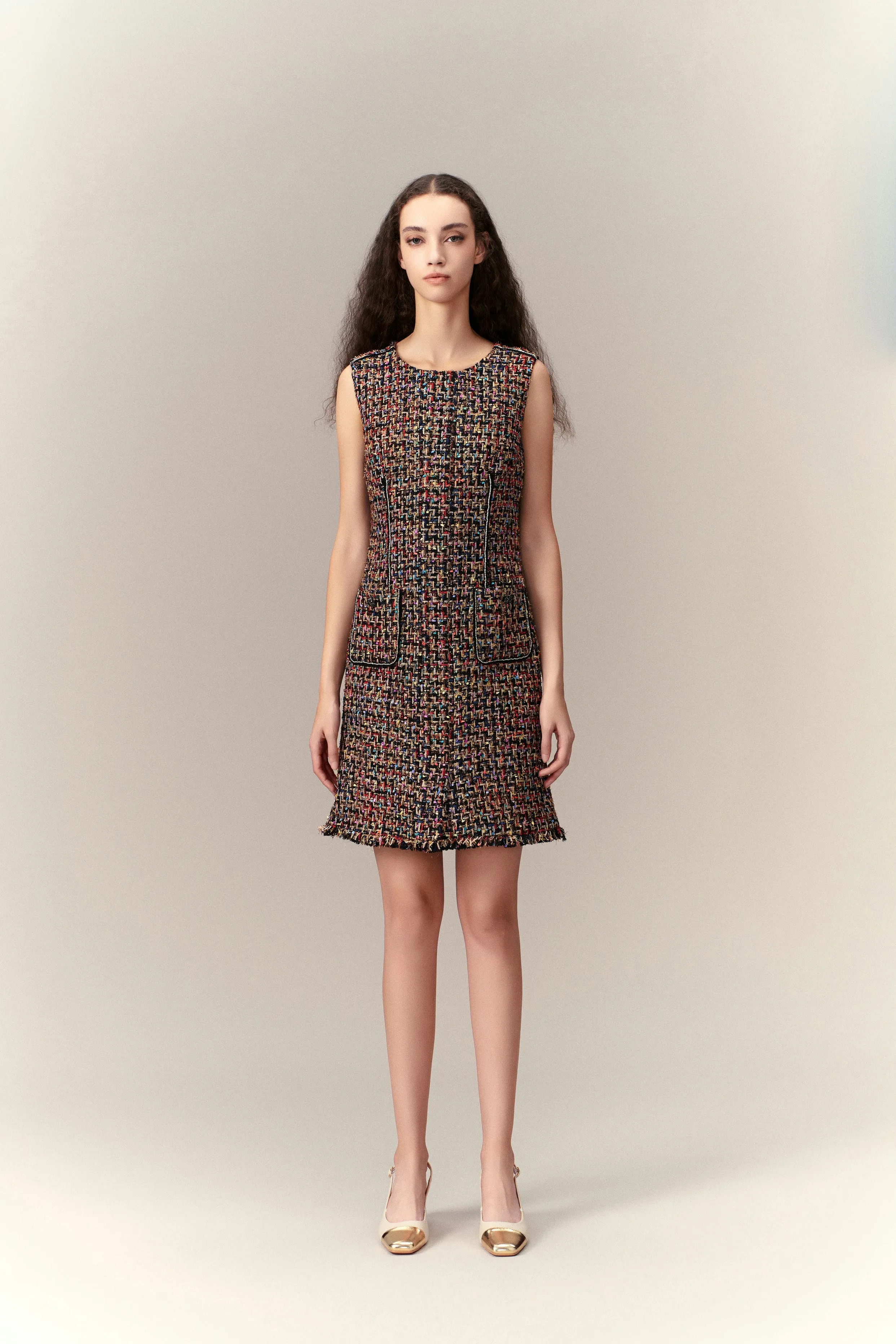 Chunky Woven Patch-pocket Sleeveless Tweed Dress