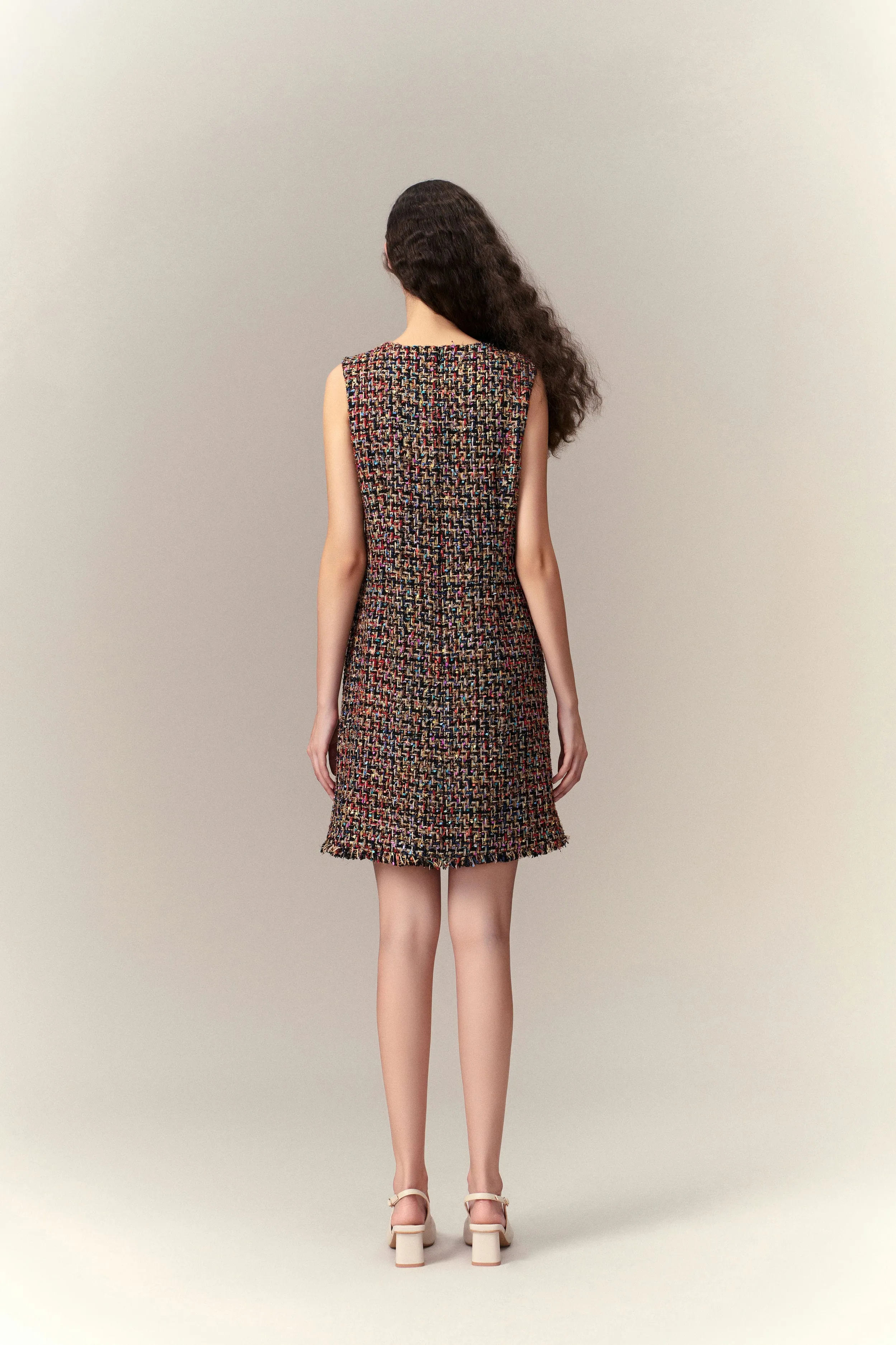 Chunky Woven Patch-pocket Sleeveless Tweed Dress