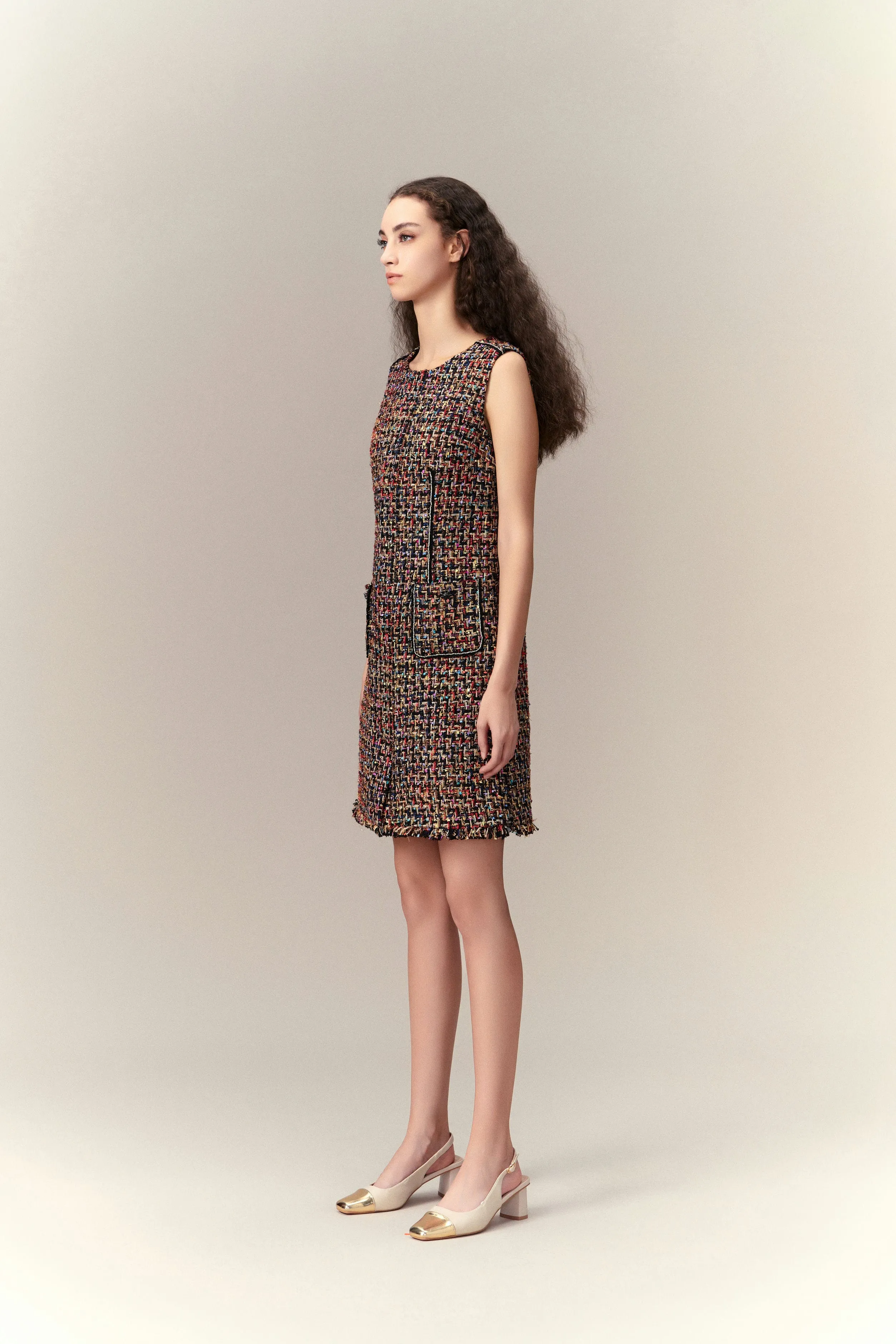 Chunky Woven Patch-pocket Sleeveless Tweed Dress