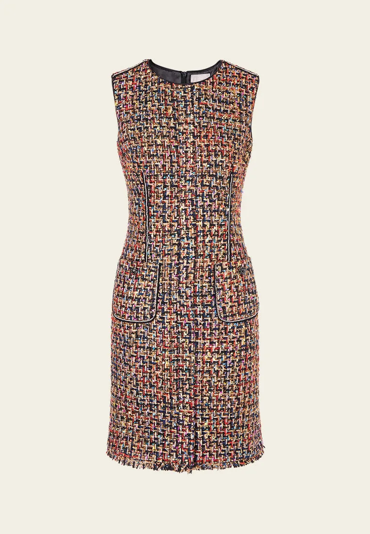 Chunky Woven Patch-pocket Sleeveless Tweed Dress